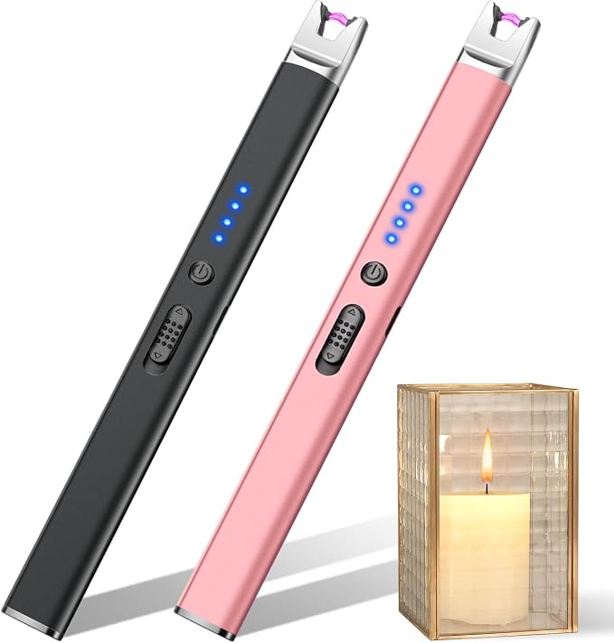 LcFun 2 Pack Candle Lighter USB Rechargeable Electric Plasma Arc Lighters with Safety Lock, Windproof Flameless Lighters Long Stem Matches for Candle, Grill, BBQ, Camping, Gas Stoves (Black, Gold)