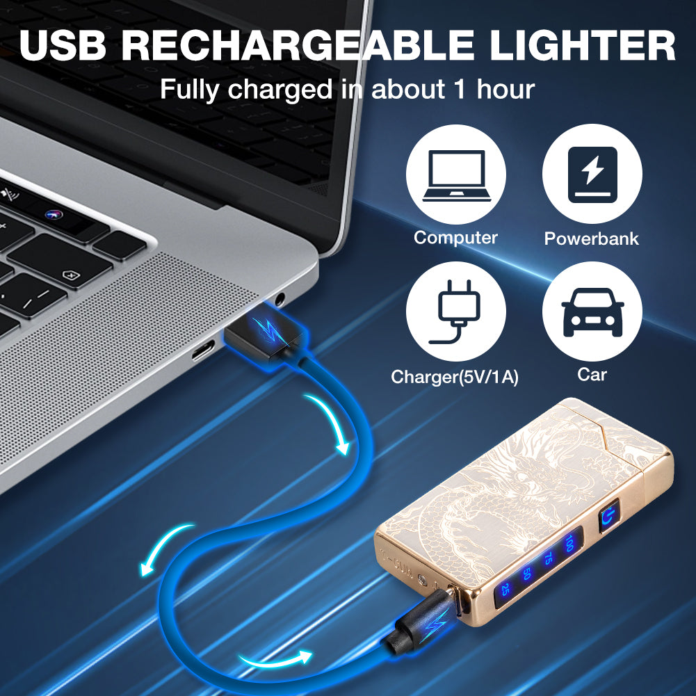 Electric Lighter - USB Rechargeable, Dual Arc Plasma Lighter, Windproof Flameless Lighters, Electronic Lighters with LED Battery Indication Gifts for Men Boyfriend Husband (Dragon Black)