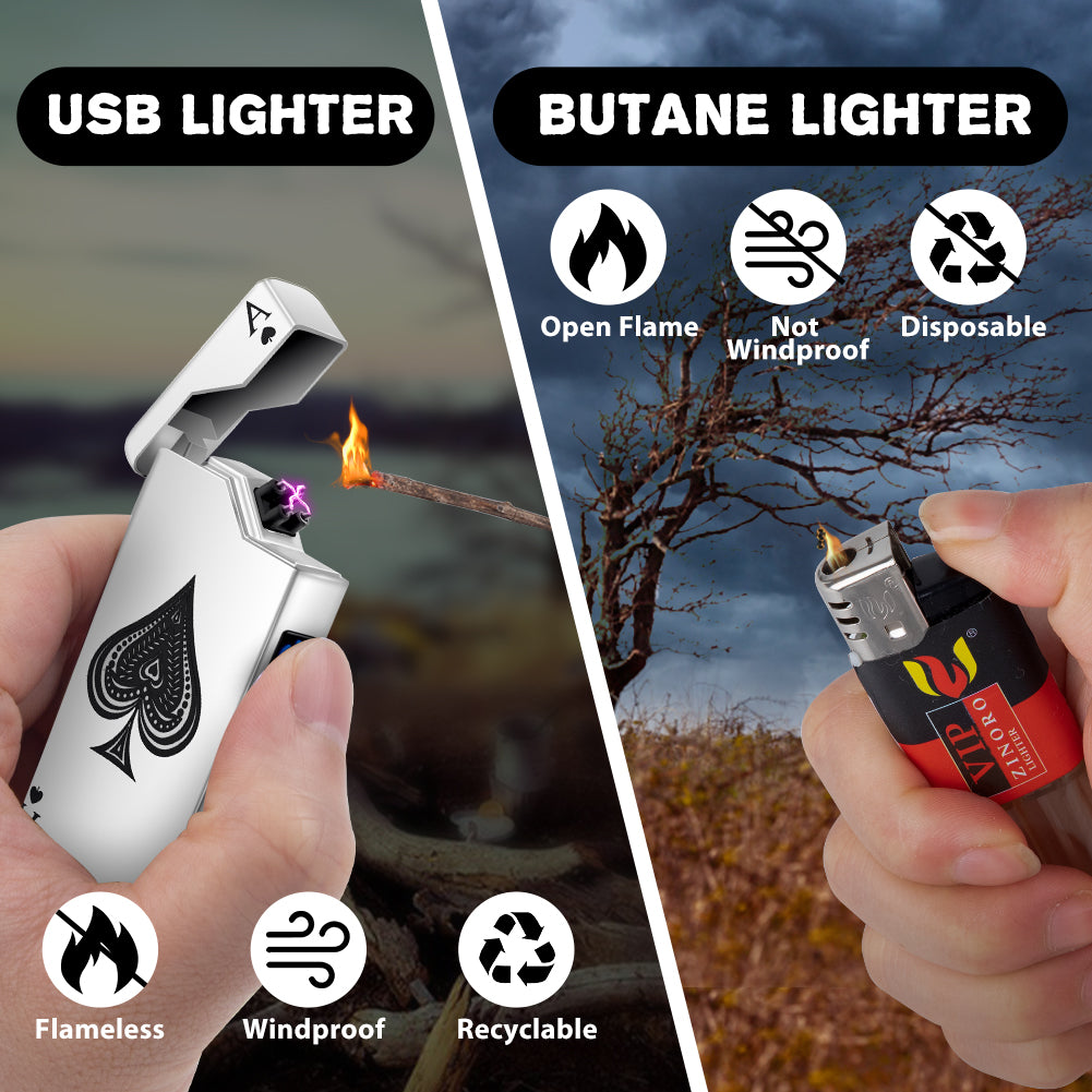Electric Lighter - Rechargeable USB, Dual Arc Plasma, Windproof Flameless, Pocket Metal Lighter with LED Battery Indication for Candles, Camping (Silver Ace)