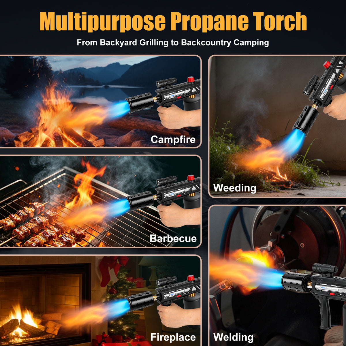 Flame Thrower Gun With Safety Lock, Windproof Propane Torch Gun with Flashlight, Advanced Electric Arc Ignition,Retractable Stock,Blow Torch Fire Starter Gun Lighter for Charcoals,Grill,Cooking( NO Tank)