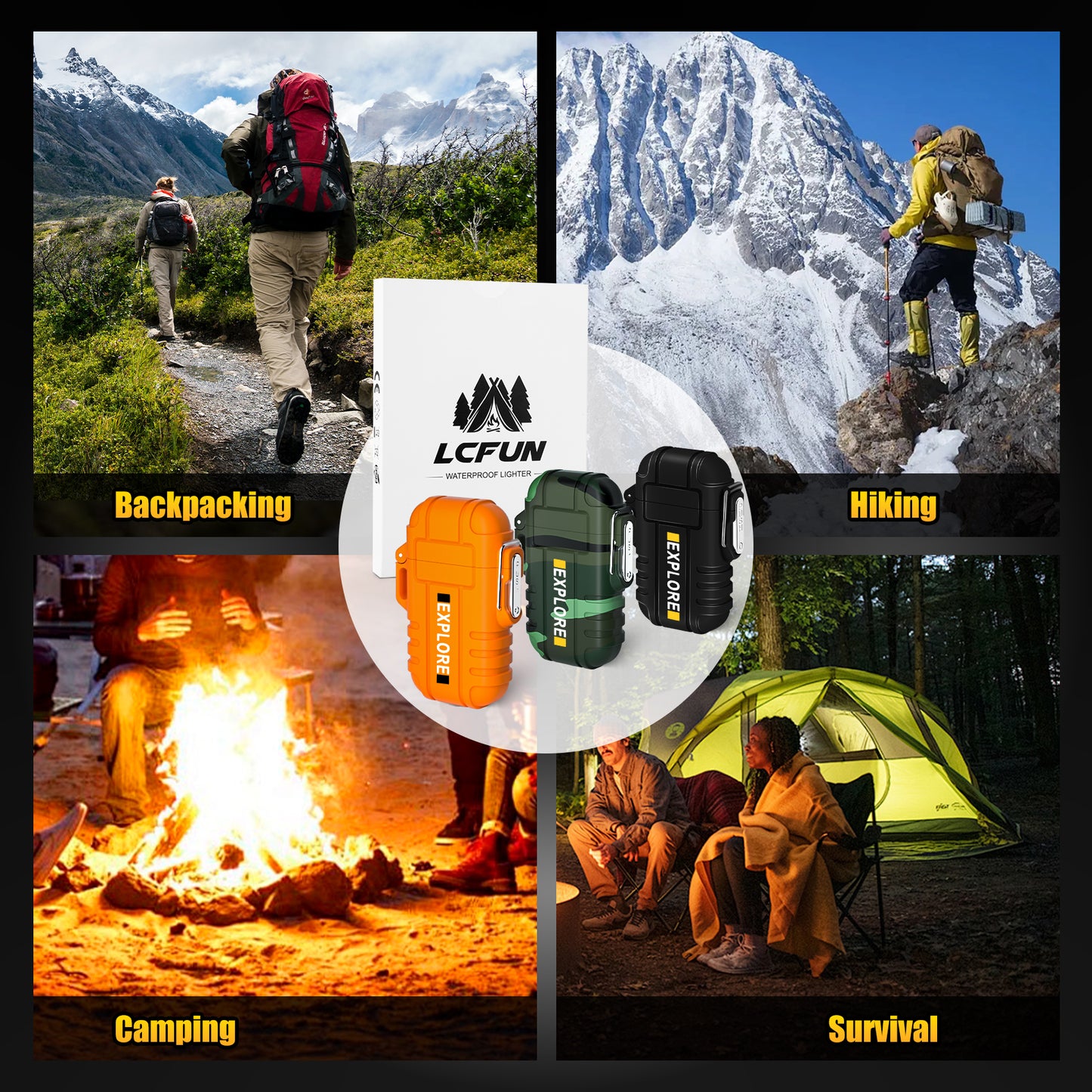 LcFun 2 Pack Waterproof Outdoor Lighter Windproof Torch Lighters Butane Refillable USB Rechargeable Electric Dual Arc Plasma Lighter Hiking Camping Essentials Hunting Gear Fathers Day Dad Gifts