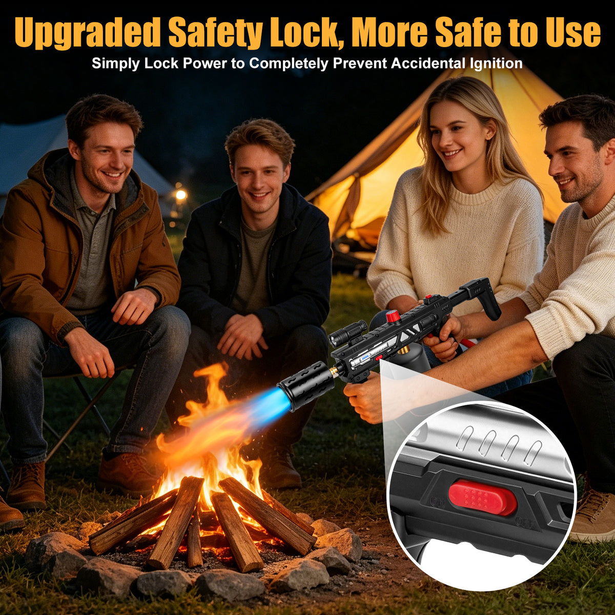 Flame Thrower Gun With Safety Lock, Windproof Propane Torch Gun with Flashlight, Advanced Electric Arc Ignition,Retractable Stock,Blow Torch Fire Starter Gun Lighter for Charcoals,Grill,Cooking( NO Tank)