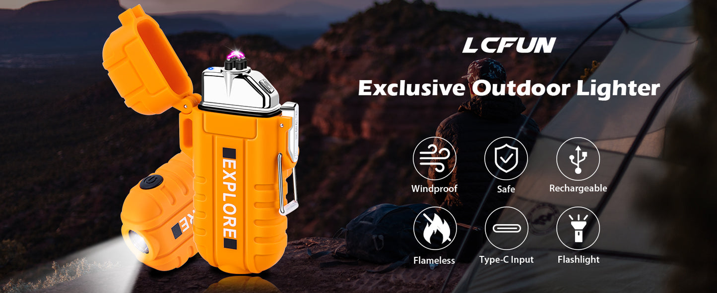 USB C Rechargeable Lighter,Electric Plasma Lighter with Cross Dual arc,Windproof and Waterproof Lighter with Flashlight for Camping,Survival,Hiking(Orange)