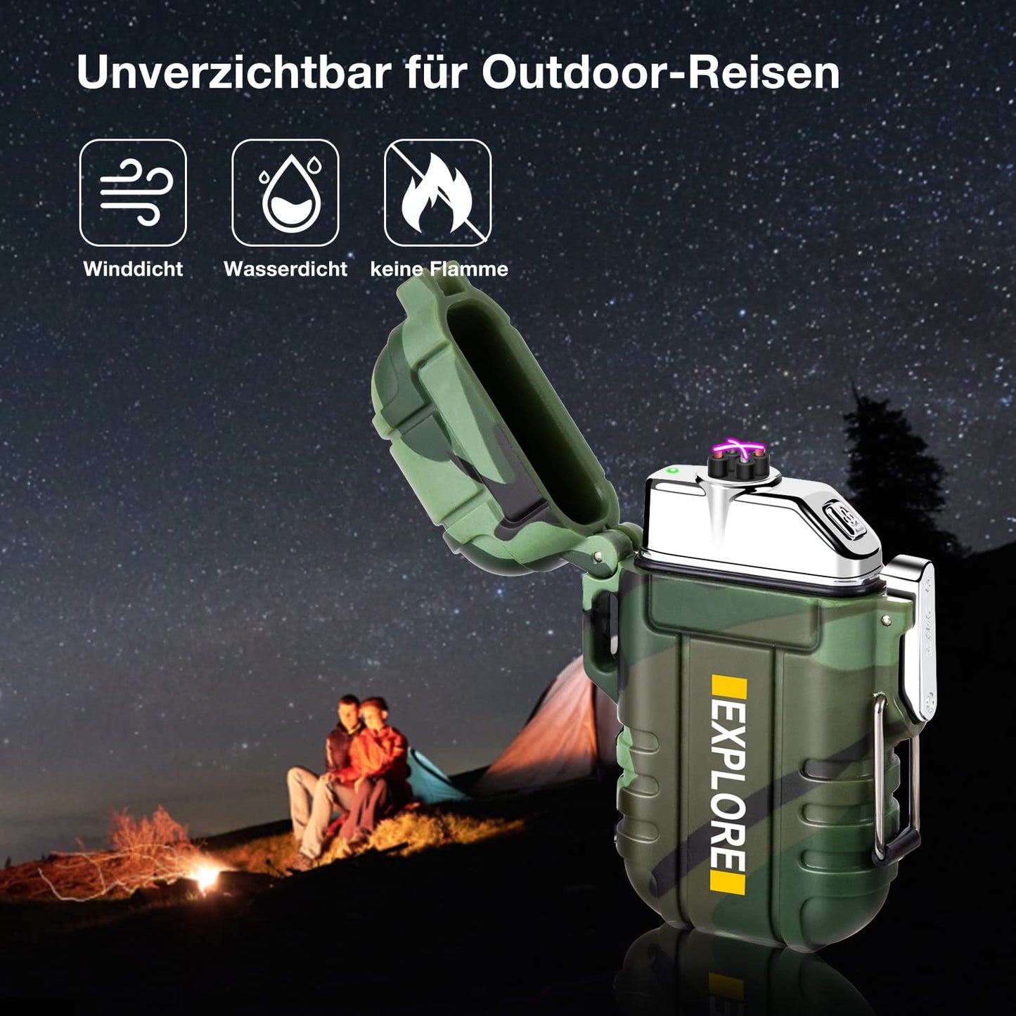 LcFun Lichtbogen Feuerzeug Elektrisch, Wasserdicht Winddicht USB Feuerzeug Wiederaufladbar, Plasma Feuerzeug Lighter mit Notfall-Pfeife für Camping, Survival Taktische-überlebensausrüstung (Tarnung)