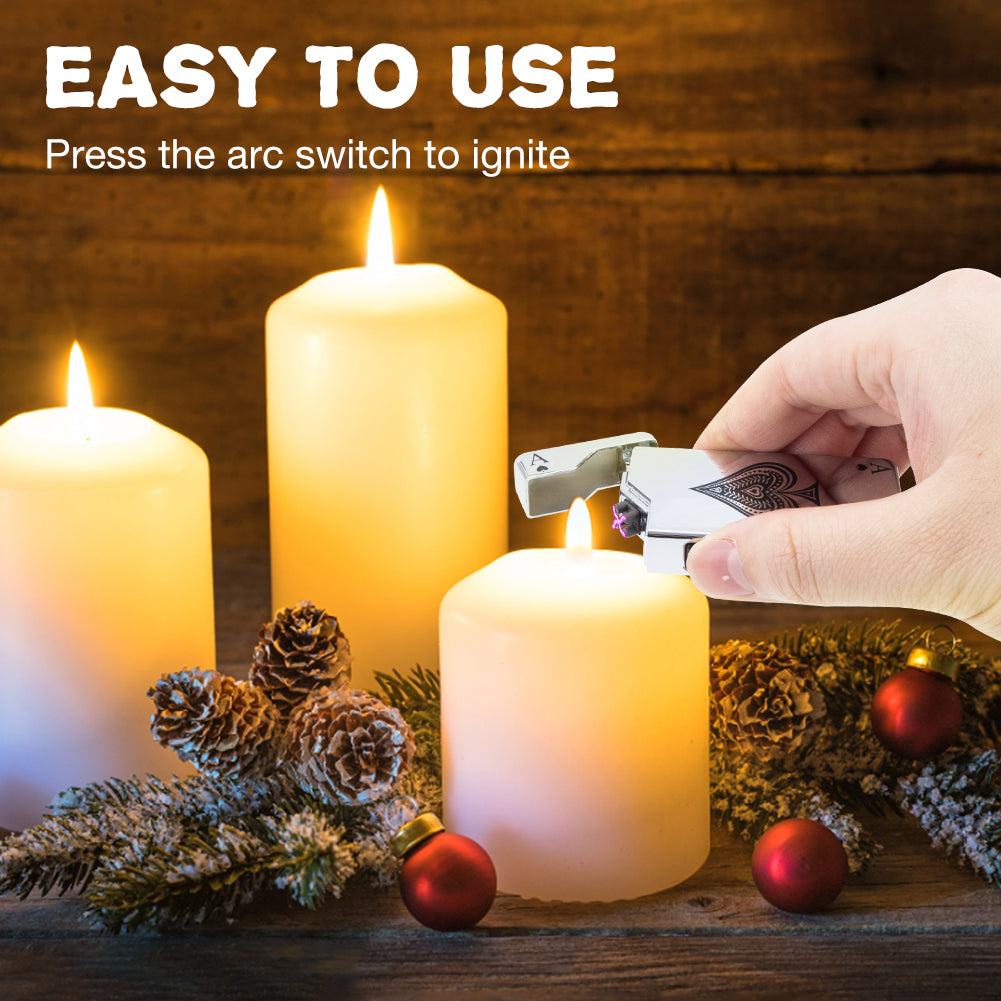 Electric Lighter - Rechargeable USB, Dual Arc Plasma, Windproof Flameless, Pocket Metal Lighter with LED Battery Indication for Candles, Camping (Silver Ace)