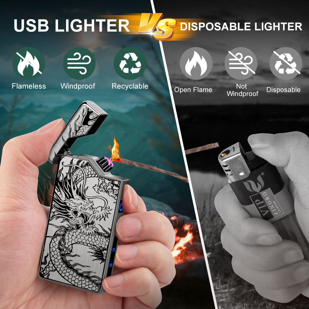 Electric Lighter - USB Rechargeable, Dual Arc Plasma Lighter, Windproof Flameless Lighters, Electronic Lighters with LED Battery Indication Gifts for Men Boyfriend Husband (Dragon Black)