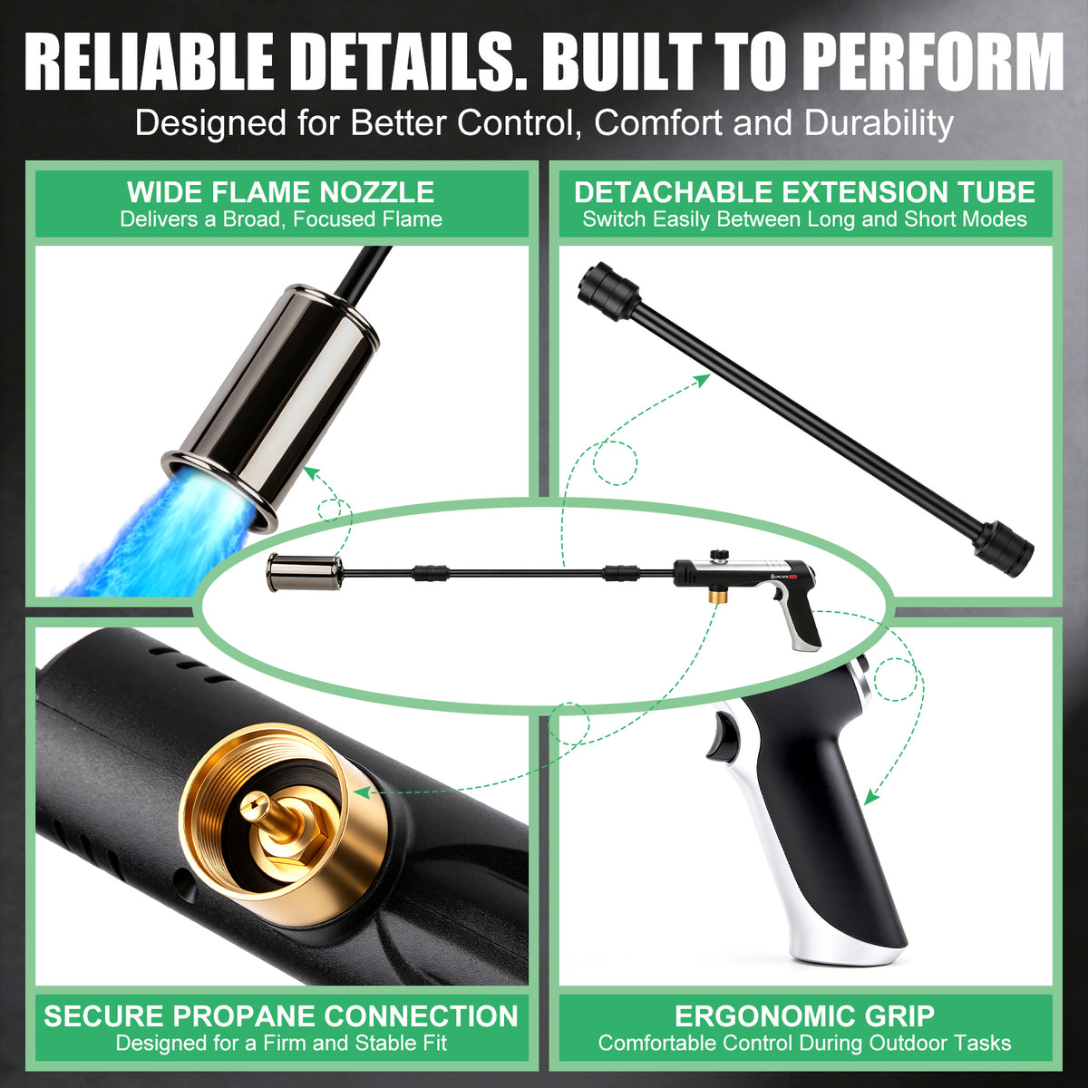 Propane Torch Weed Burner, Weed Torch Flame Thrower Built-In Igniter, Long and Short Modes, Adjustable Flame Blow Torch for Weeds, Garden, Roofing