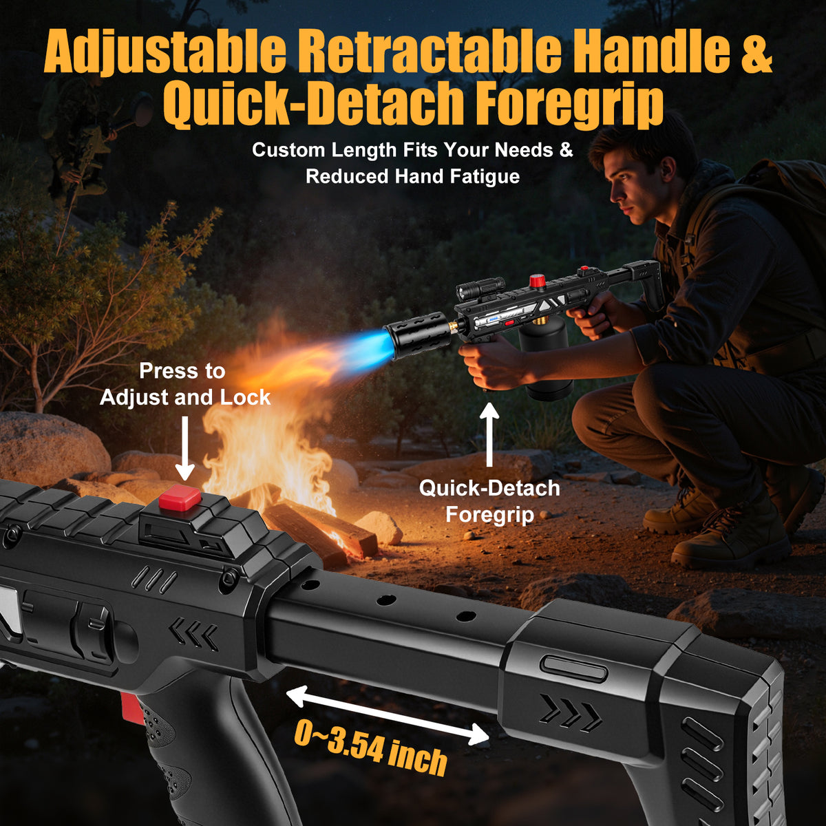 Flame Thrower Gun With Safety Lock, Windproof Propane Torch Gun with Flashlight, Advanced Electric Arc Ignition,Retractable Stock,Blow Torch Fire Starter Gun Lighter for Charcoals,Grill,Cooking( NO Tank)