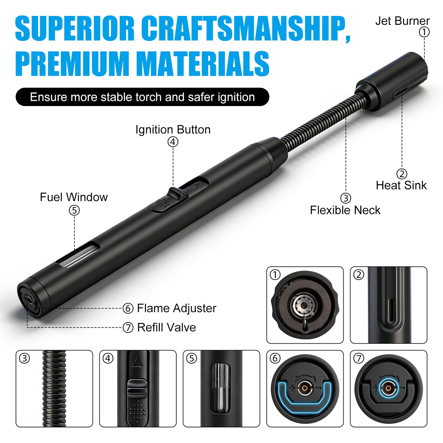 LcFun Torch Lighter Refillable Butane Lighters Long Stem with Visible Fuel Tank, Windproof Jet Flame Flexible Long Neck Lighter for Grill BBQ Fireplace (Butane Not Included)