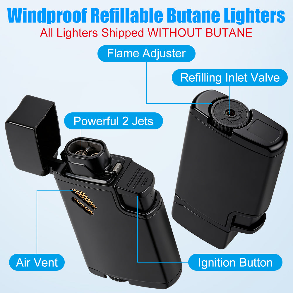 2 Pack Torch Lighters Refillable Butane Lighter, Windproof Adjustable Dual Flame Cigar Torch Lighters (Butane NOT Included)