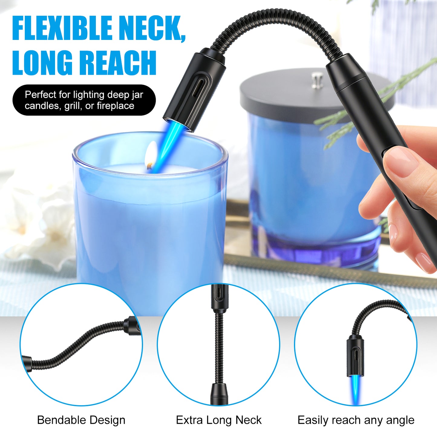 LcFun Torch Lighter Refillable Butane Lighters Long Stem with Visible Fuel Tank, Windproof Jet Flame Flexible Long Neck Lighter for Grill BBQ Fireplace (Butane Not Included)
