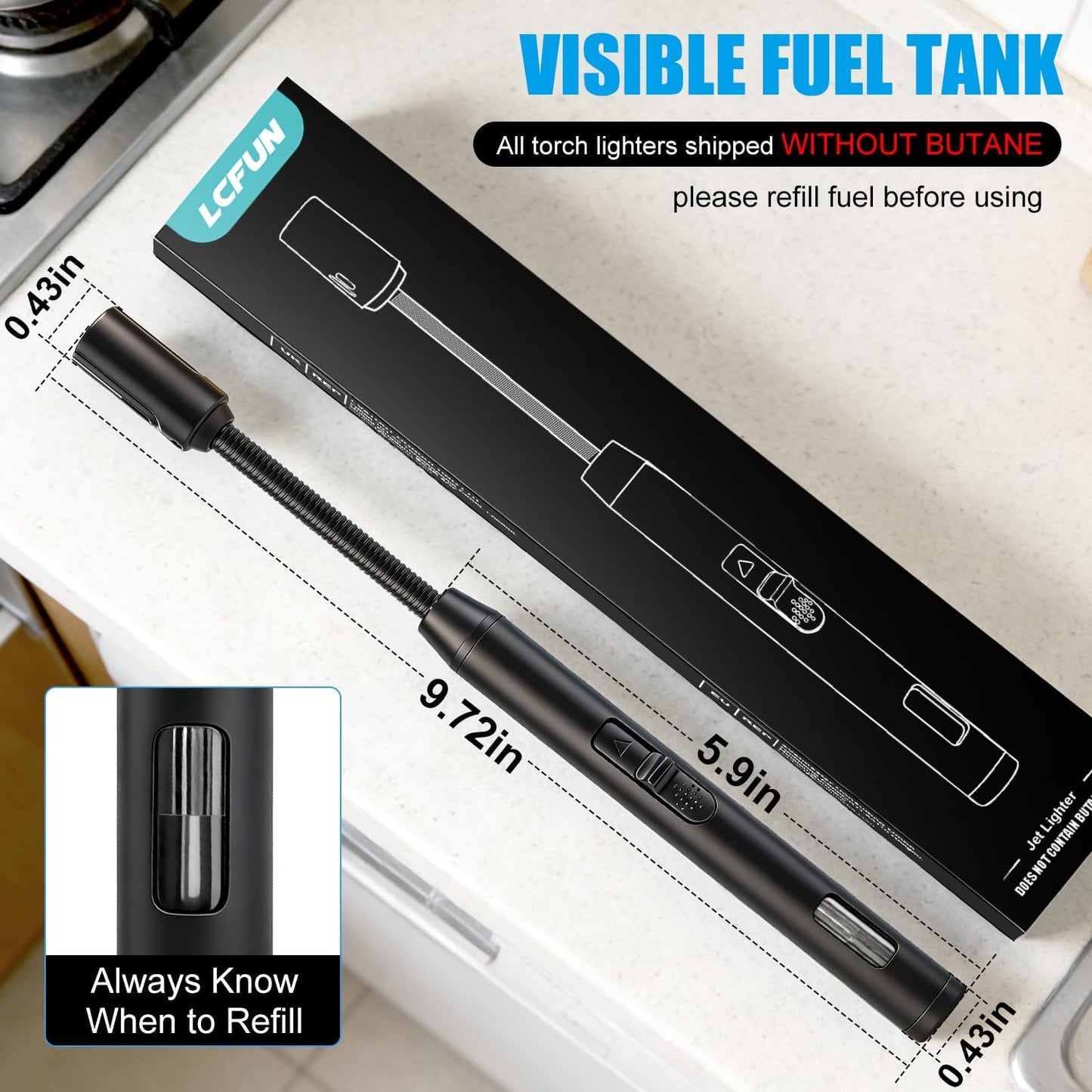 LcFun Torch Lighter Refillable Butane Lighters Long Stem with Visible Fuel Tank, Windproof Jet Flame Flexible Long Neck Lighter for Grill BBQ Fireplace (Butane Not Included)
