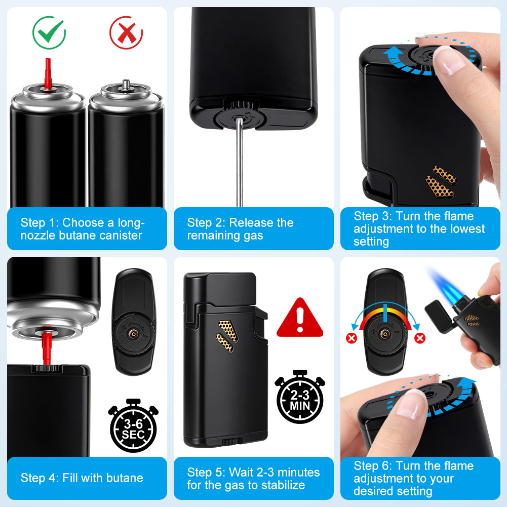 2 Pack Torch Lighters Refillable Butane Lighter, Windproof Adjustable Dual Flame Cigar Torch Lighters (Butane NOT Included)