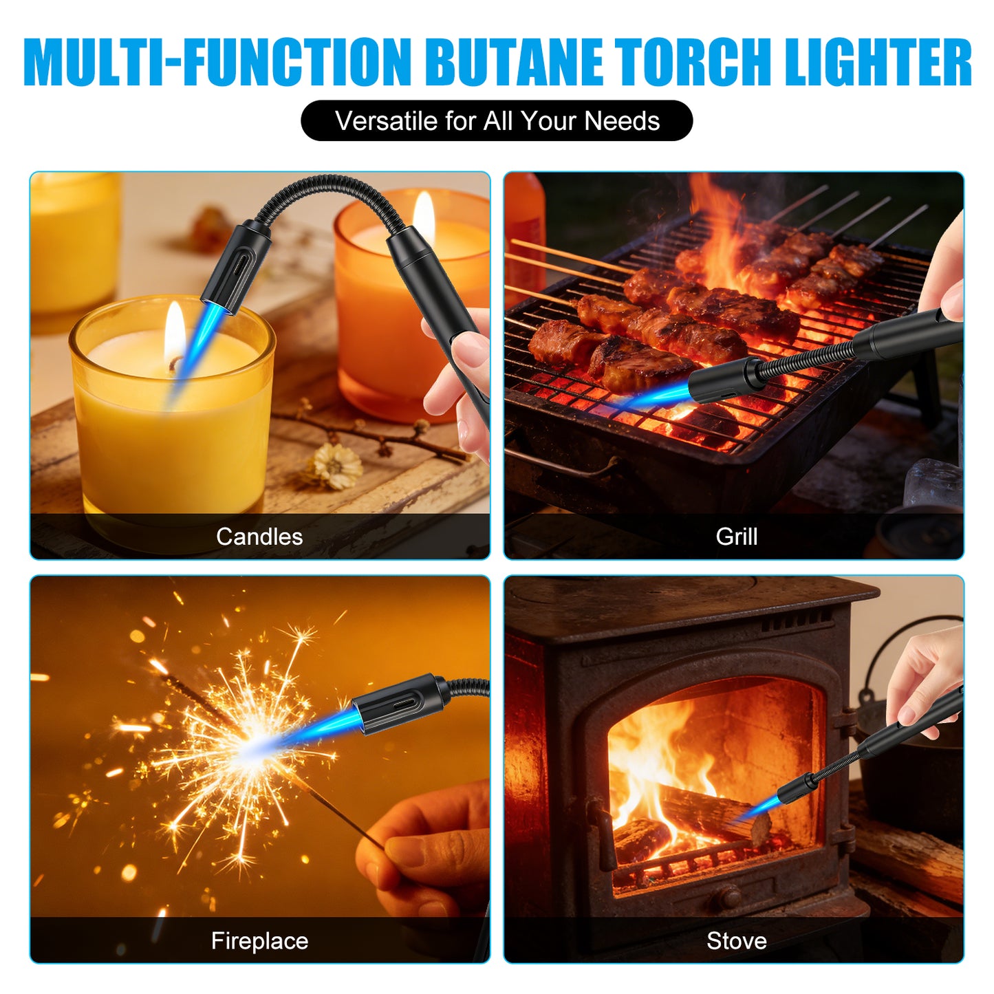 LcFun Torch Lighter Refillable Butane Lighters Long Stem with Visible Fuel Tank, Windproof Jet Flame Flexible Long Neck Lighter for Grill BBQ Fireplace (Butane Not Included)