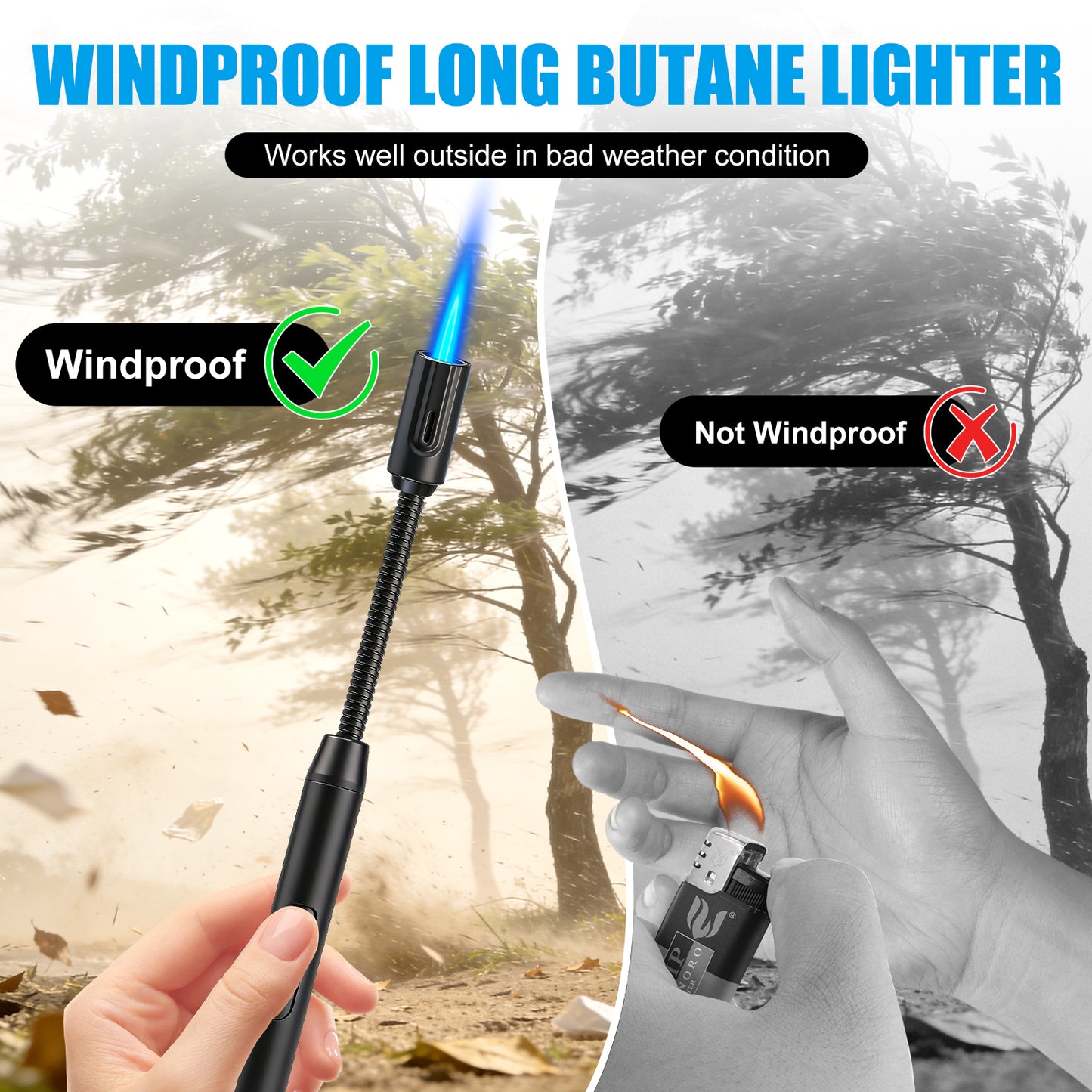 LcFun Torch Lighter Refillable Butane Lighters Long Stem with Visible Fuel Tank, Windproof Jet Flame Flexible Long Neck Lighter for Grill BBQ Fireplace (Butane Not Included)