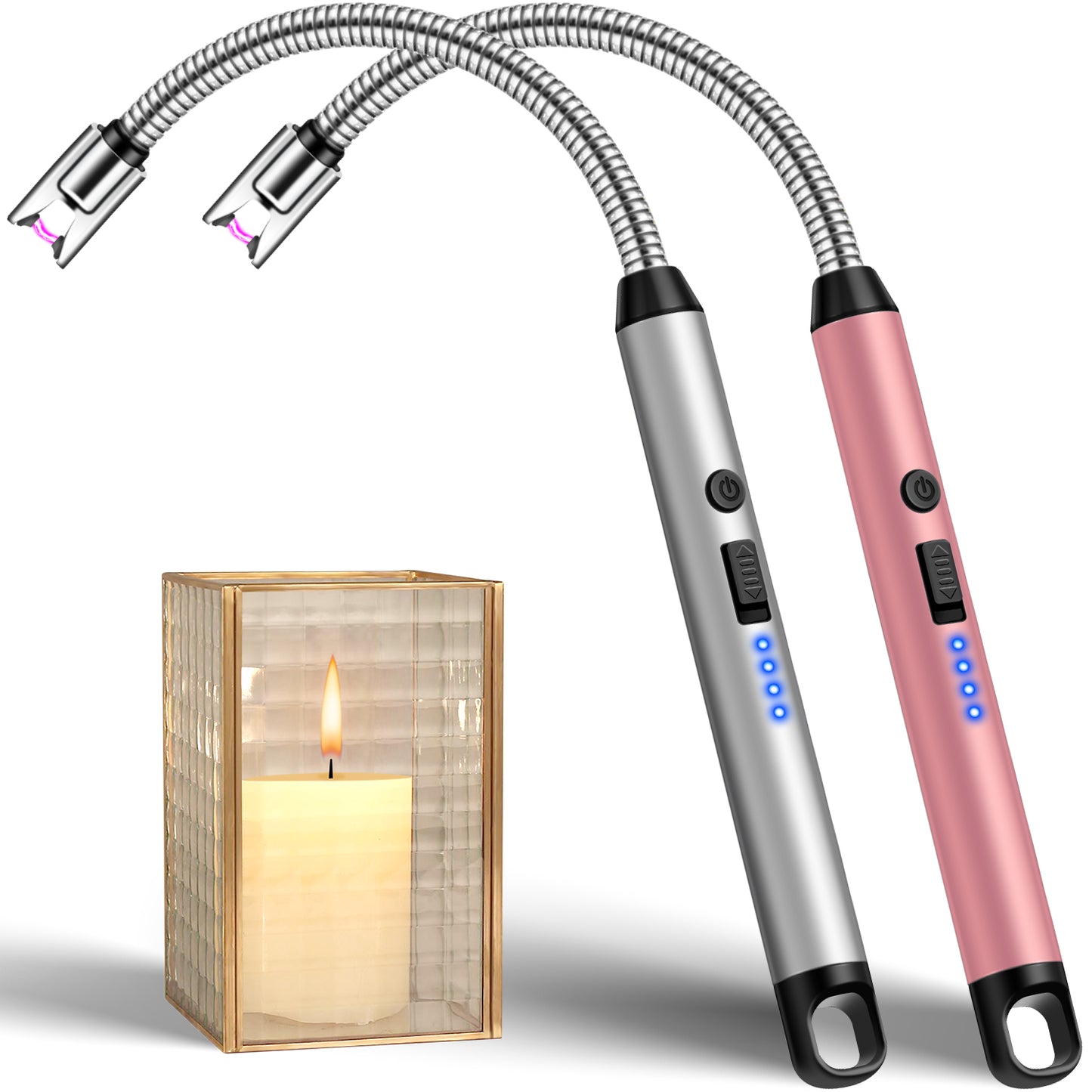 LcFun 2 Pack Candle Lighter Windproof USB C Rechargeable Electric Lighters with 360° Flexible Neck & Safety Lock, Windproof Flameless Lighters Long Stem Matches for Candle, Grill, BBQ, Gas Stoves