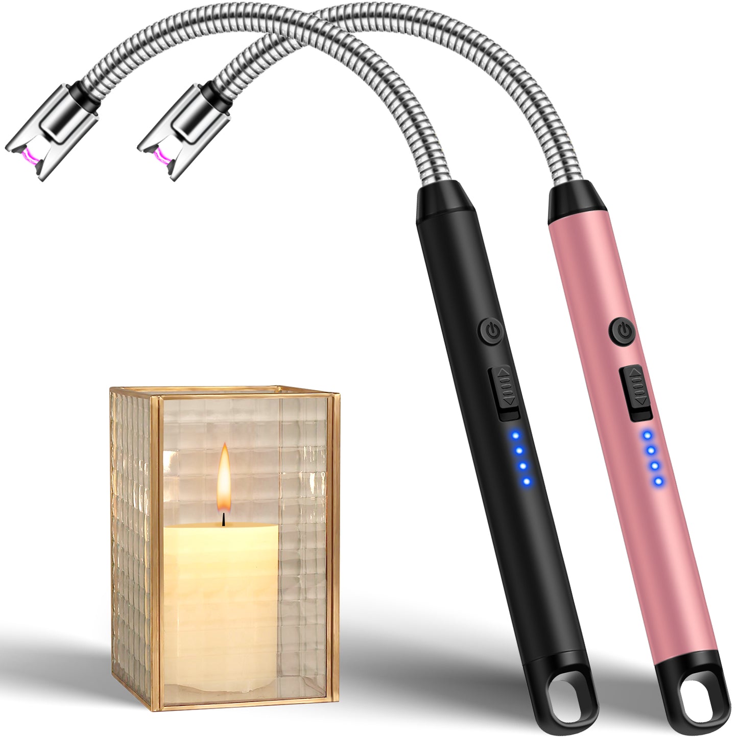 LcFun 2 Pack Candle Lighter Windproof USB C Rechargeable Electric Lighters with 360° Flexible Neck & Safety Lock, Windproof Flameless Lighters Long Stem Matches for Candle, Grill, BBQ, Gas Stoves