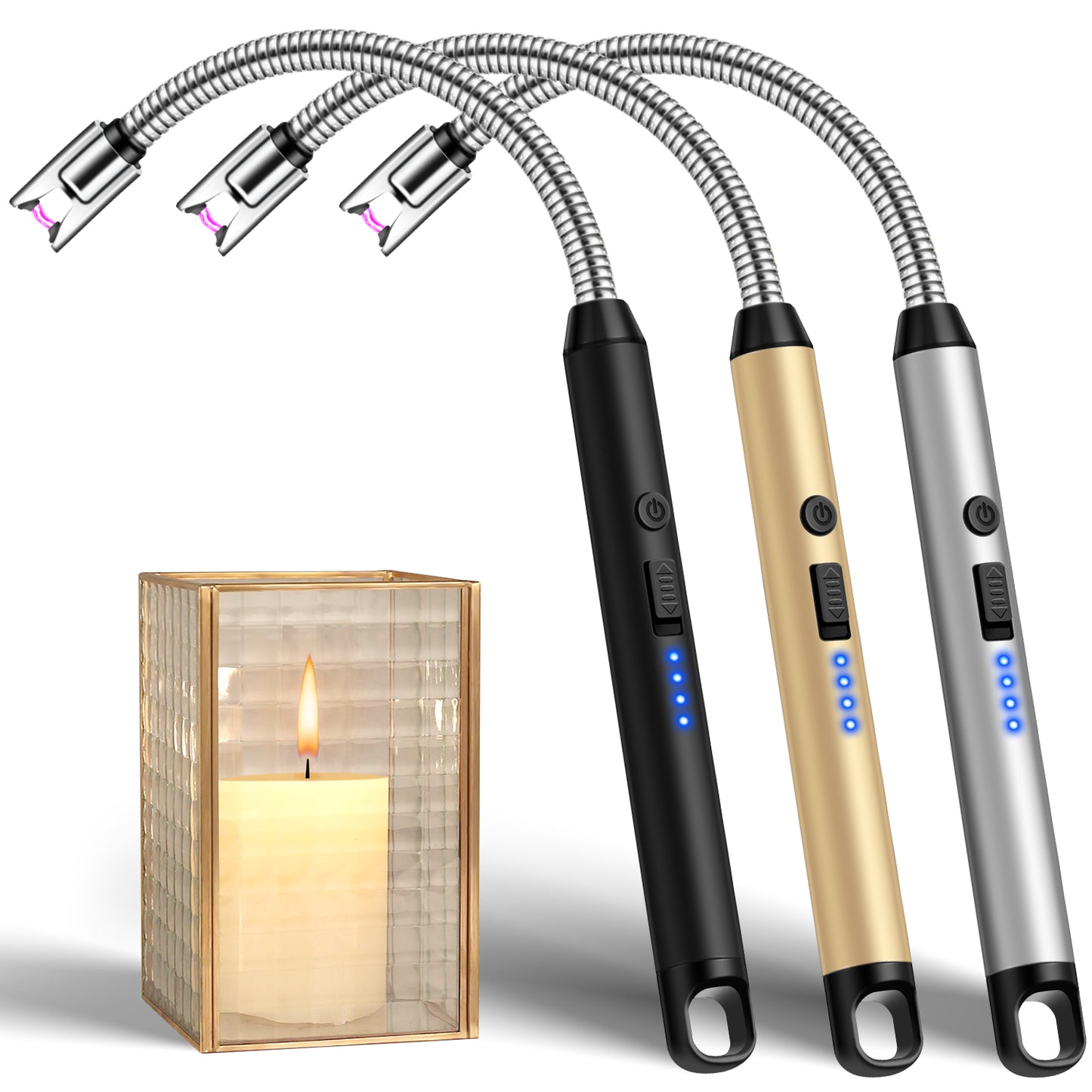 LcFun 2 Pack Candle Lighter Windproof USB C Rechargeable Electric Lighters with 360° Flexible Neck & Safety Lock, Windproof Flameless Lighters Long Stem Matches for Candle, Grill, BBQ, Gas Stoves