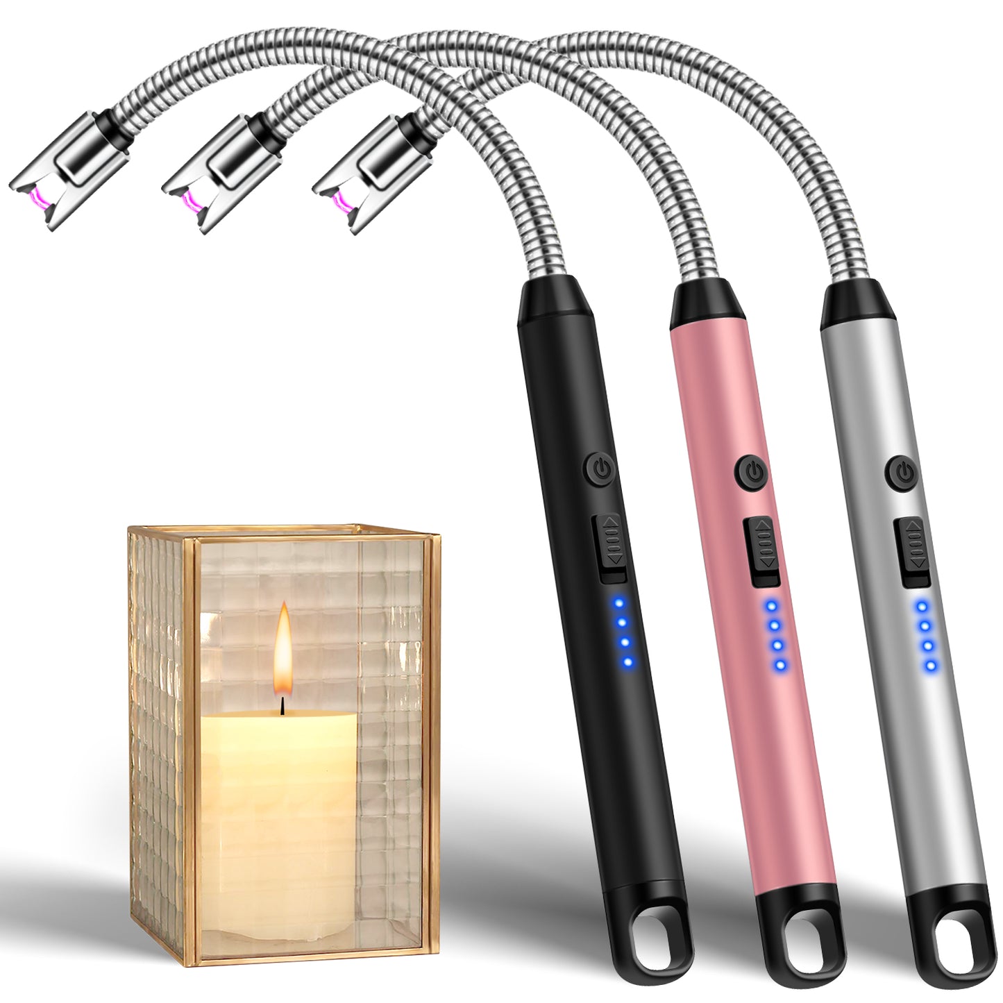 LcFun 2 Pack Candle Lighter Windproof USB C Rechargeable Electric Lighters with 360° Flexible Neck & Safety Lock, Windproof Flameless Lighters Long Stem Matches for Candle, Grill, BBQ, Gas Stoves