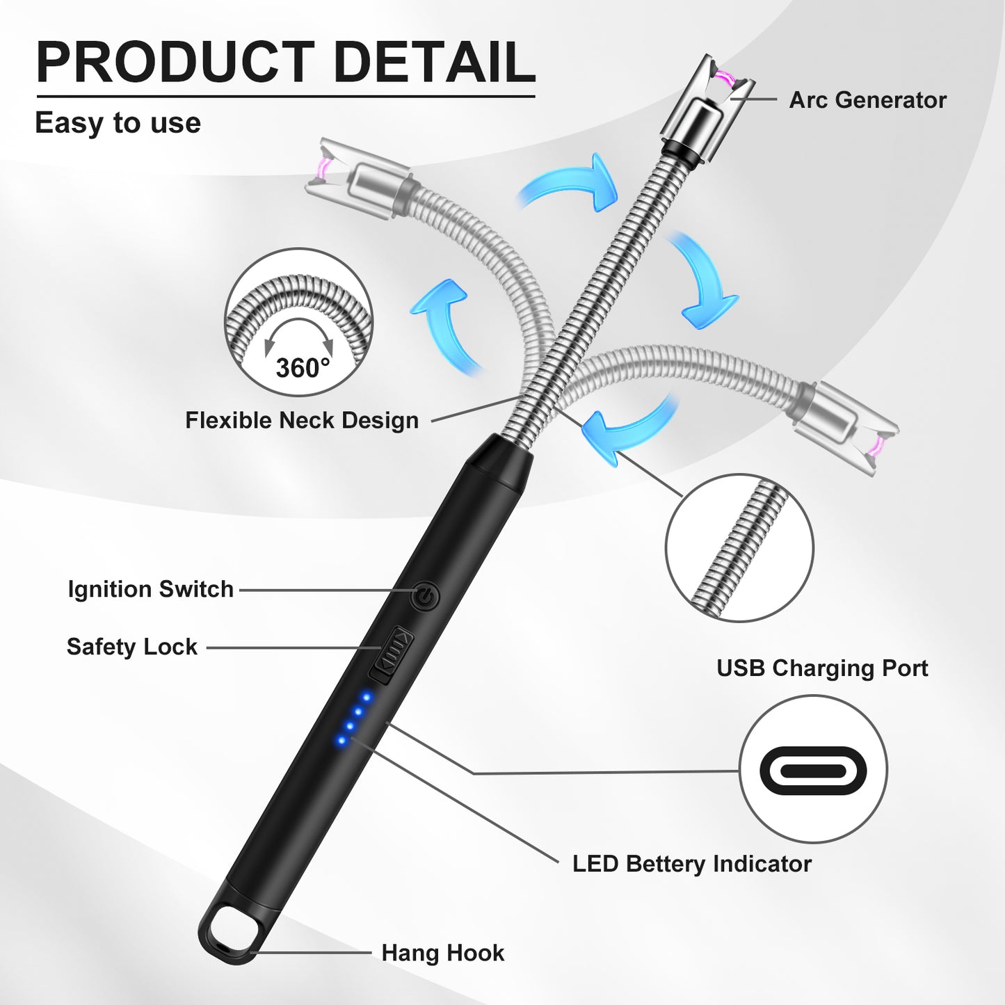 LcFun 2 Pack Candle Lighter Windproof USB C Rechargeable Electric Lighters with 360° Flexible Neck & Safety Lock, Windproof Flameless Lighters Long Stem Matches for Candle, Grill, BBQ, Gas Stoves