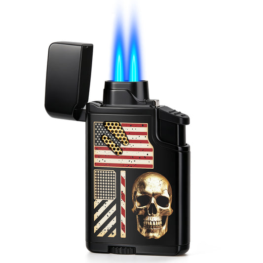 Torch Lighter Skull Windproof Dual Jet Flame Butane Lighters, Refillable Cigar Torch Cigarette Lighters