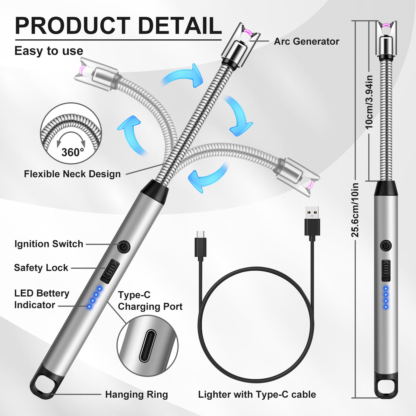2 Pack Candle Lighters Long Reach Electric Lighter Rechargeable USB Arc Plasma Lighters Electronic Windproof Lighter for Scented Candles Bbq Camping
