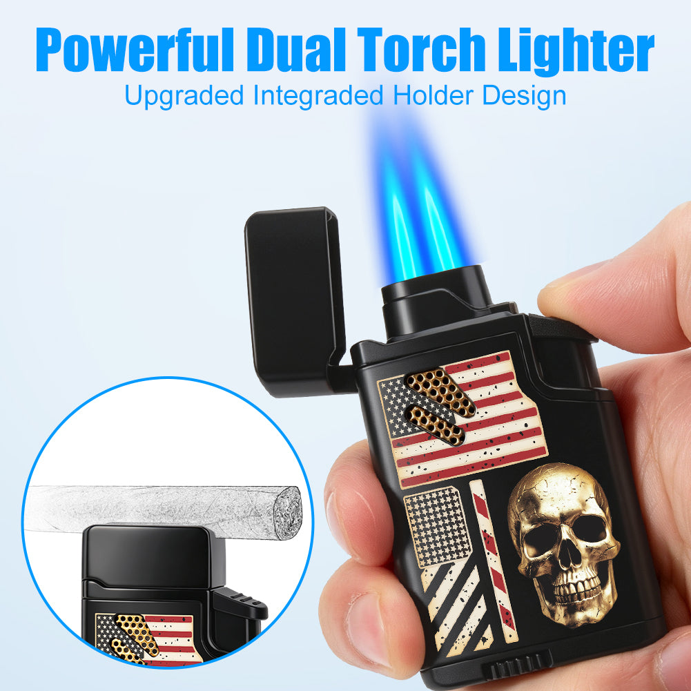 Torch Lighter Skull Windproof Dual Jet Flame Butane Lighters, Refillable Cigar Torch Cigarette Lighters