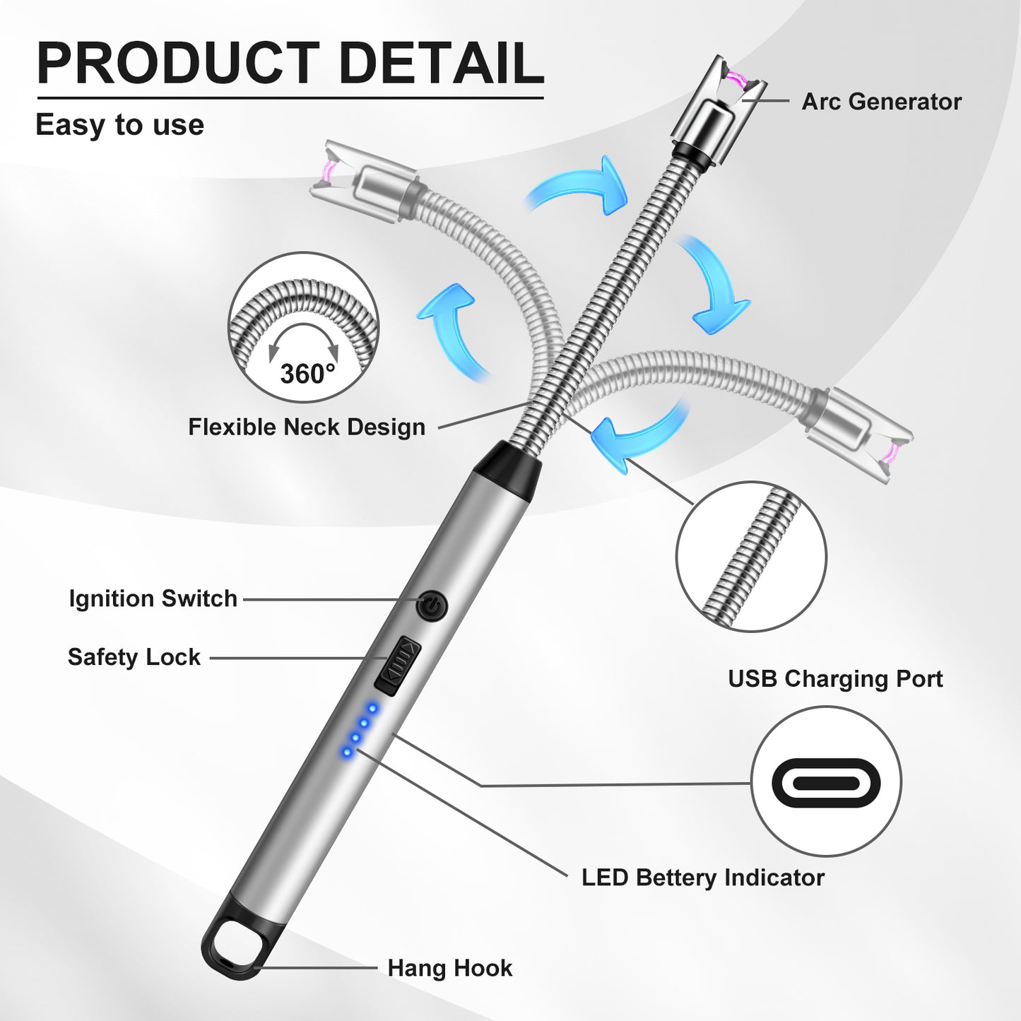LcFun 2 Pack Candle Lighter Windproof USB C Rechargeable Electric Lighters with 360° Flexible Neck & Safety Lock, Windproof Flameless Lighters Long Stem Matches for Candle, Grill, BBQ, Gas Stoves