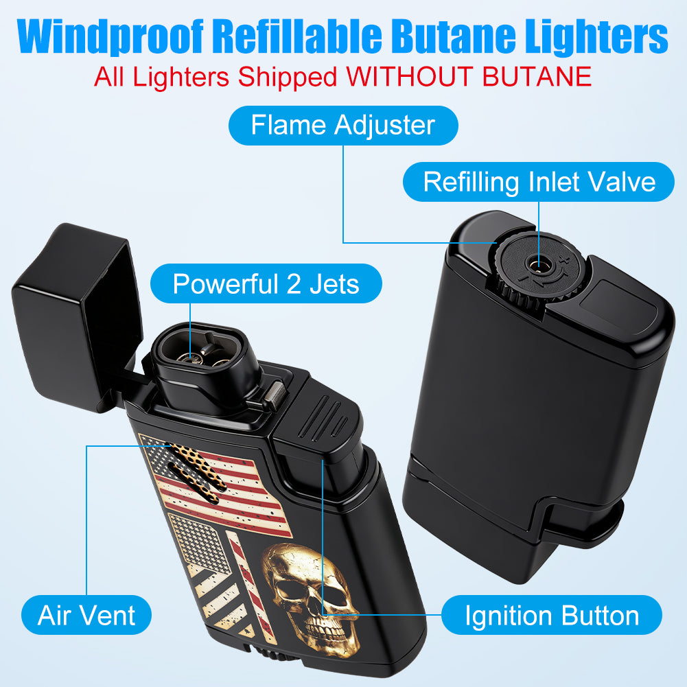 Torch Lighter Skull Windproof Dual Jet Flame Butane Lighters, Refillable Cigar Torch Cigarette Lighters