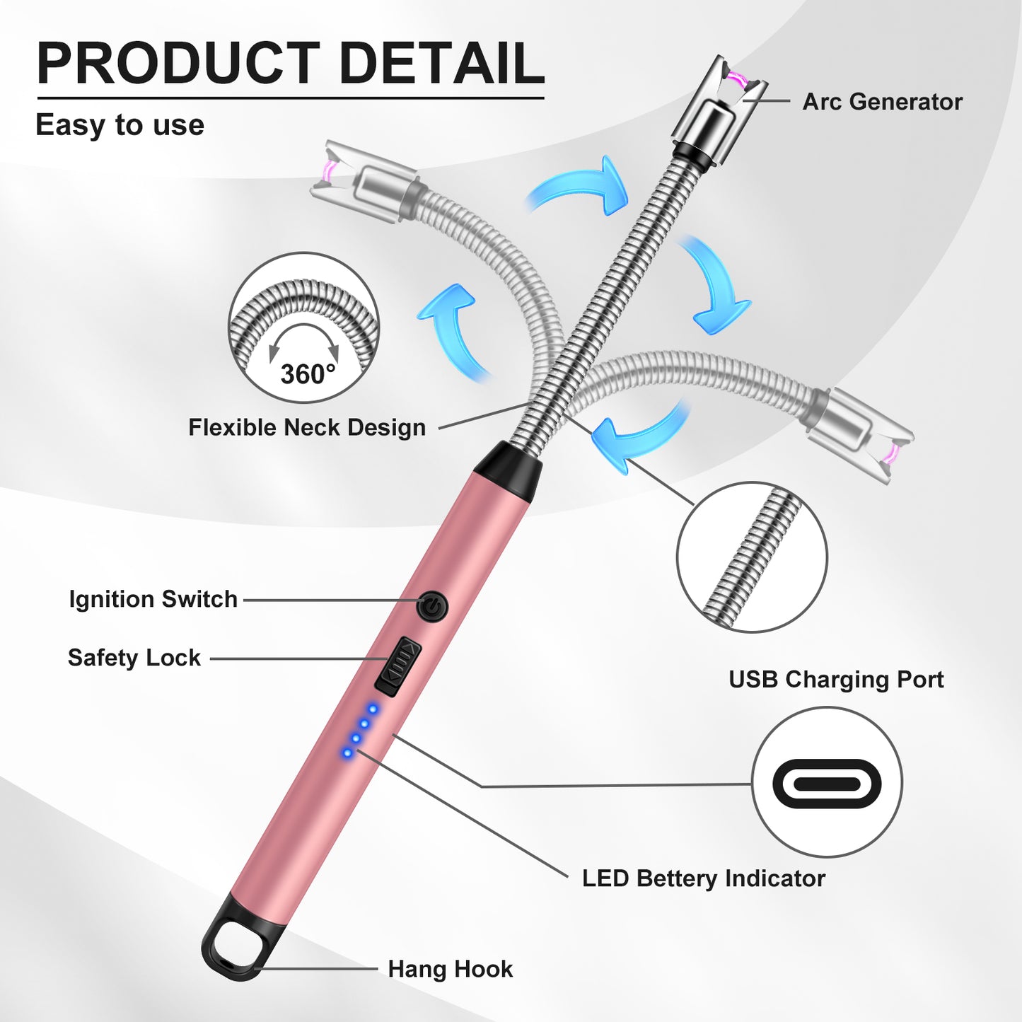 LcFun 2 Pack Candle Lighter Windproof USB C Rechargeable Electric Lighters with 360° Flexible Neck & Safety Lock, Windproof Flameless Lighters Long Stem Matches for Candle, Grill, BBQ, Gas Stoves