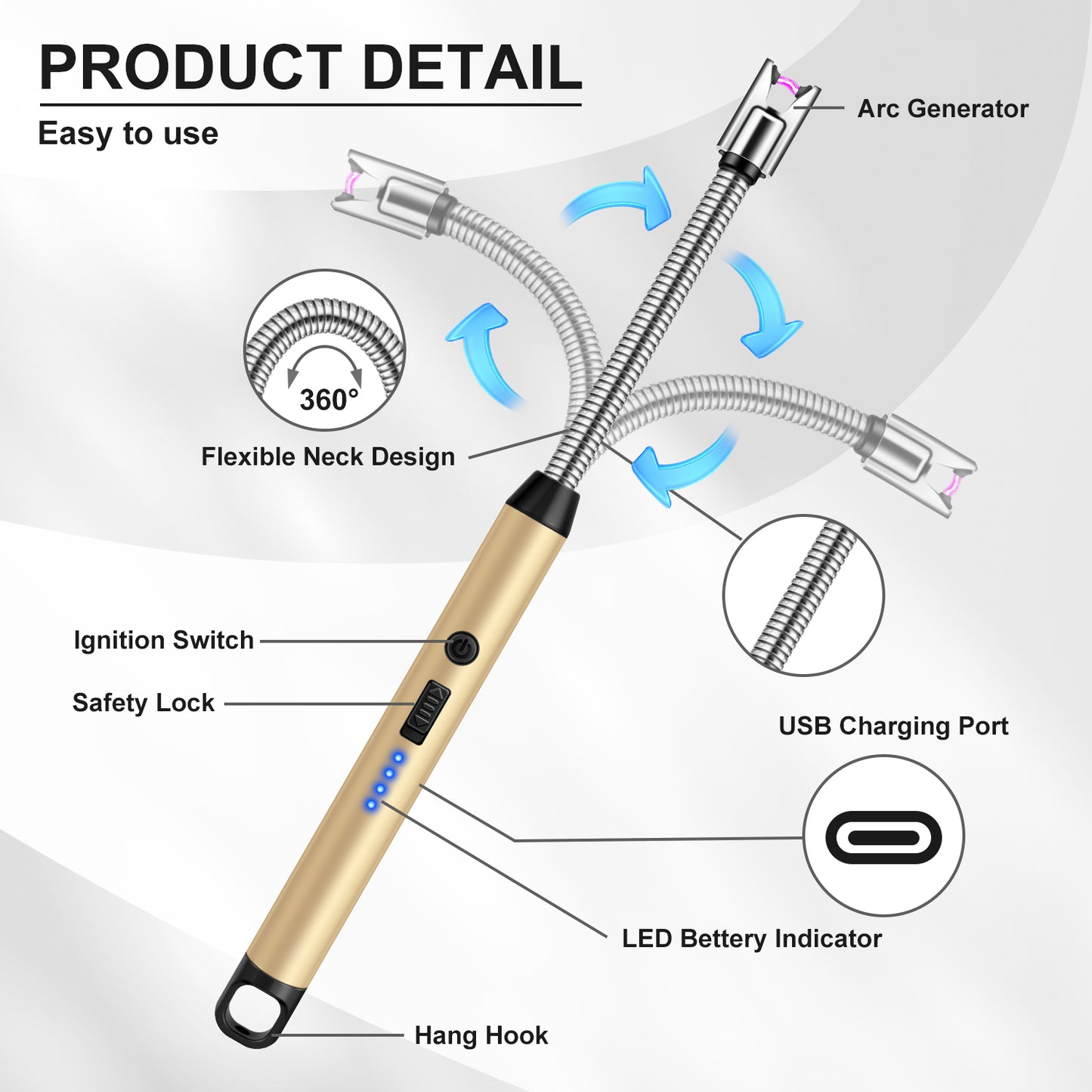 3 Pack Electric Lighter, Long Reach Candle Lighters USB Rechargeable, Arc Plasma Lighter Windproof and Flameless for BBQ, Candles, Grill and Camping