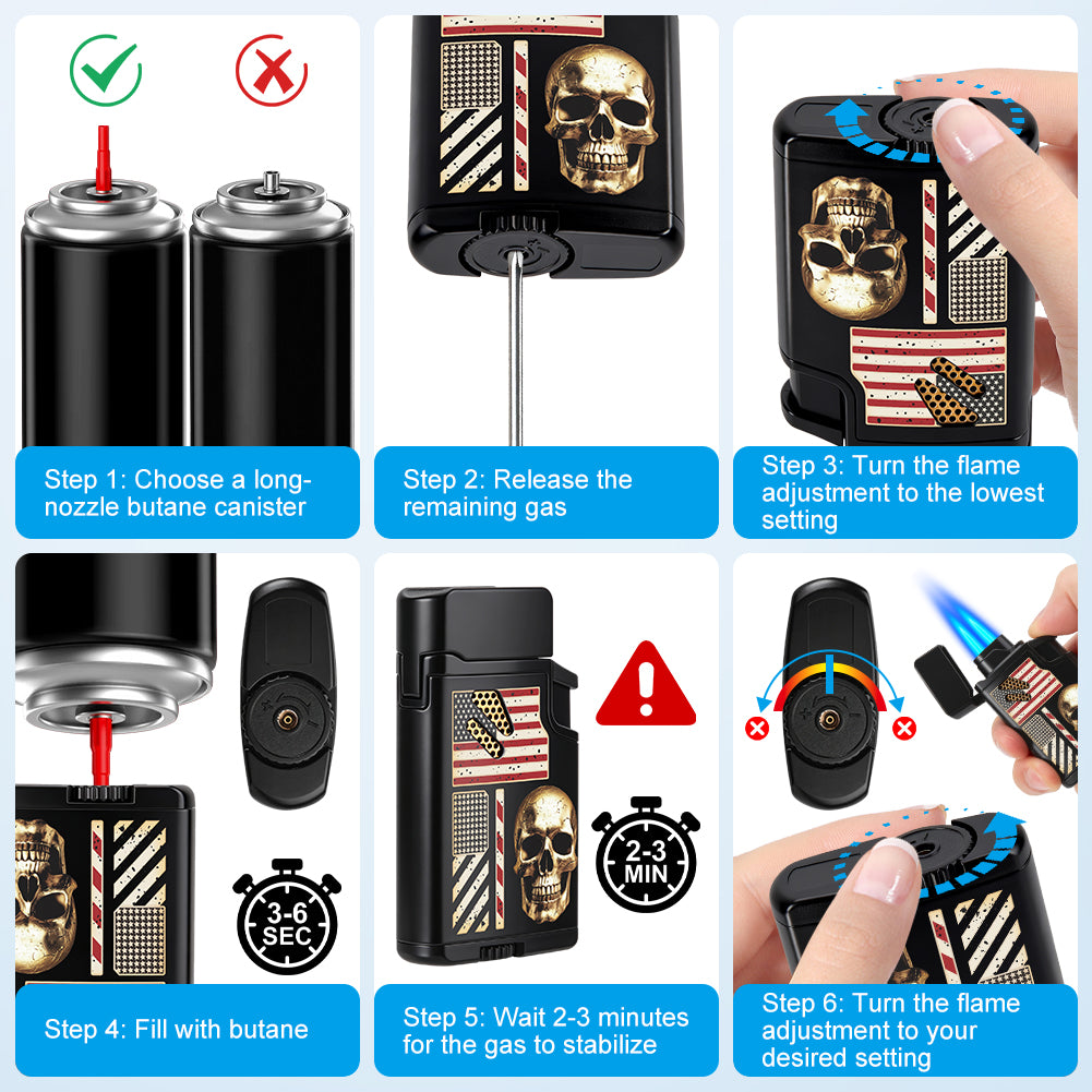 Torch Lighter Skull Windproof Dual Jet Flame Butane Lighters, Refillable Cigar Torch Cigarette Lighters