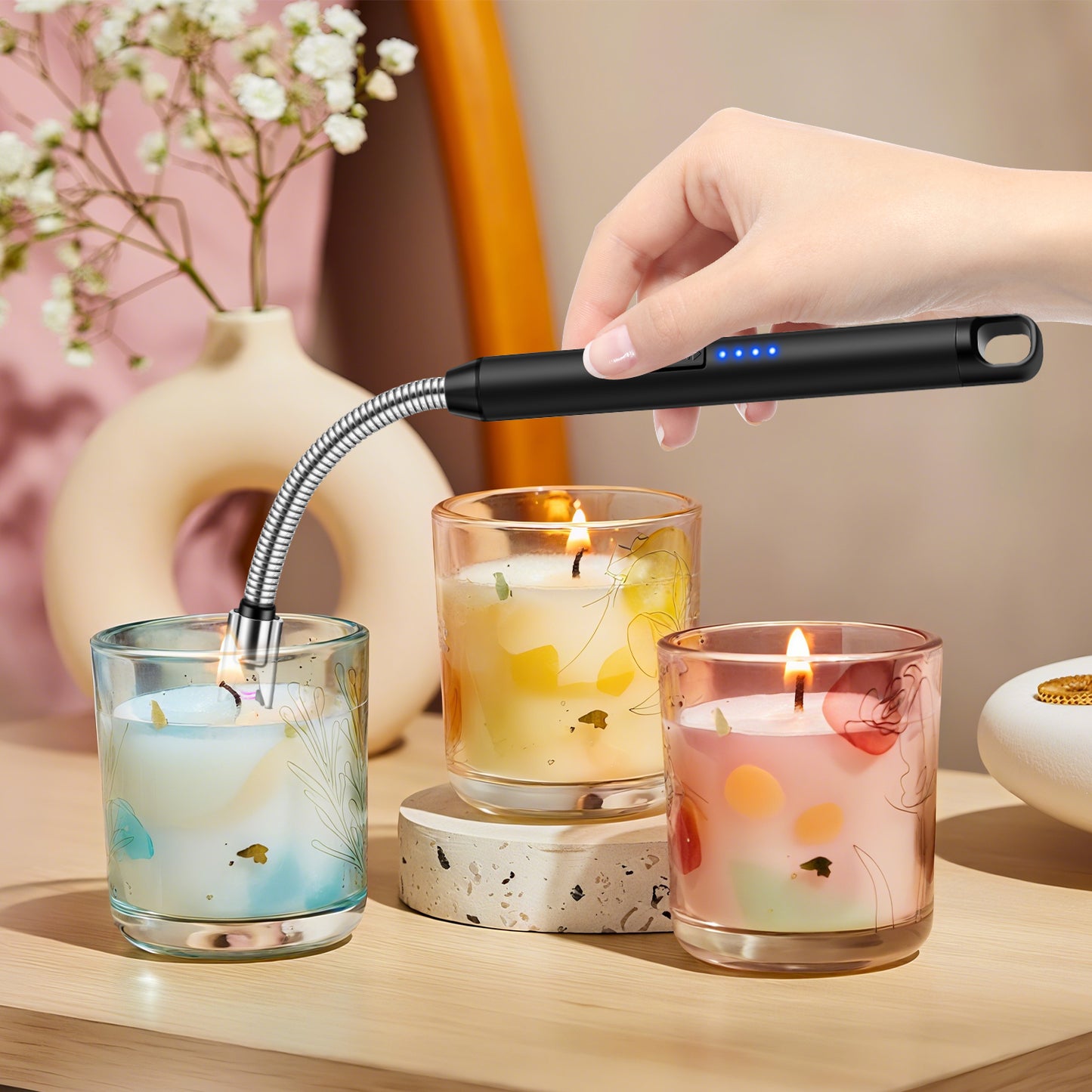 LcFun 2 Pack Candle Lighter Windproof USB C Rechargeable Electric Lighters with 360° Flexible Neck & Safety Lock, Windproof Flameless Lighters Long Stem Matches for Candle, Grill, BBQ, Gas Stoves
