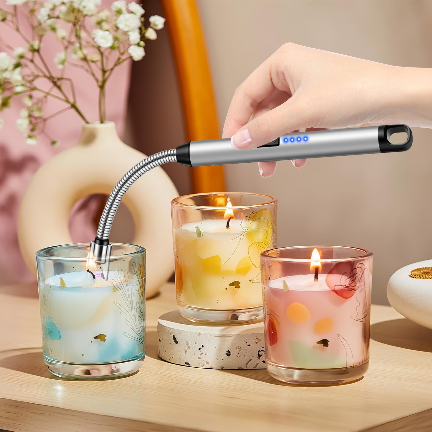 LcFun 2 Pack Candle Lighter Windproof USB C Rechargeable Electric Lighters with 360° Flexible Neck & Safety Lock, Windproof Flameless Lighters Long Stem Matches for Candle, Grill, BBQ, Gas Stoves