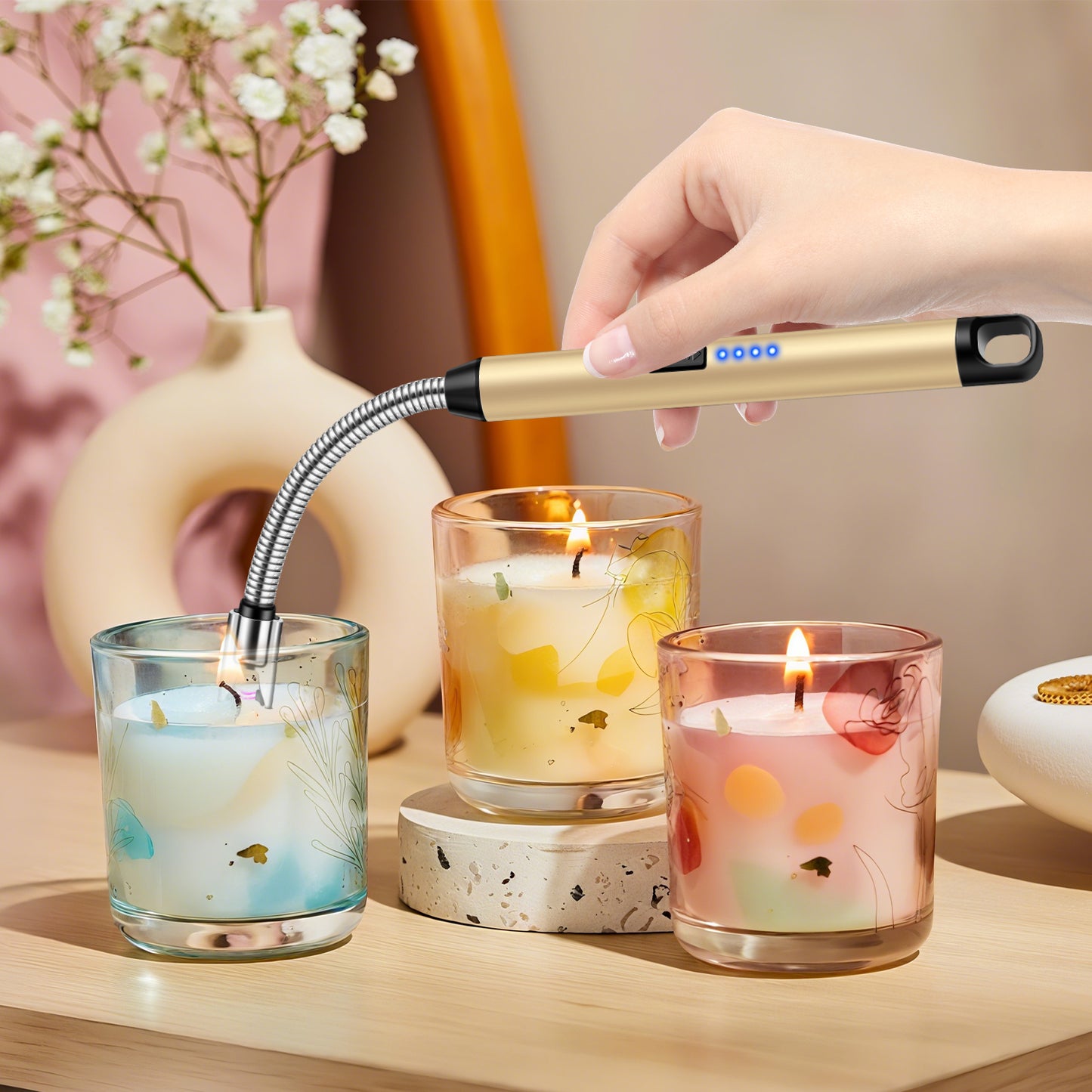 LcFun 2 Pack Candle Lighter Windproof USB C Rechargeable Electric Lighters with 360° Flexible Neck & Safety Lock, Windproof Flameless Lighters Long Stem Matches for Candle, Grill, BBQ, Gas Stoves