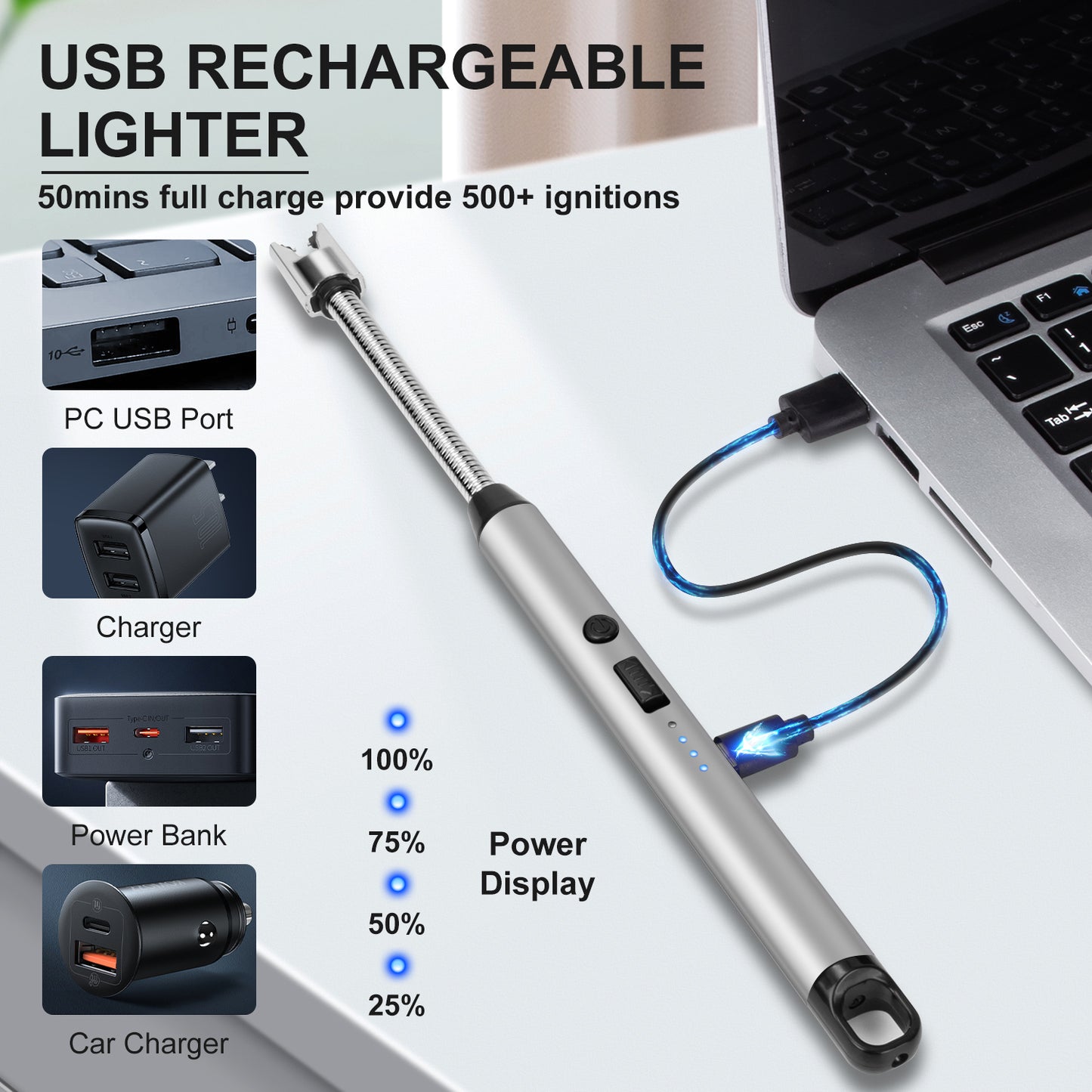 2 Pack Candle Lighters Long Reach Electric Lighter Rechargeable USB Arc Plasma Lighters Electronic Windproof Lighter for Scented Candles Bbq Camping