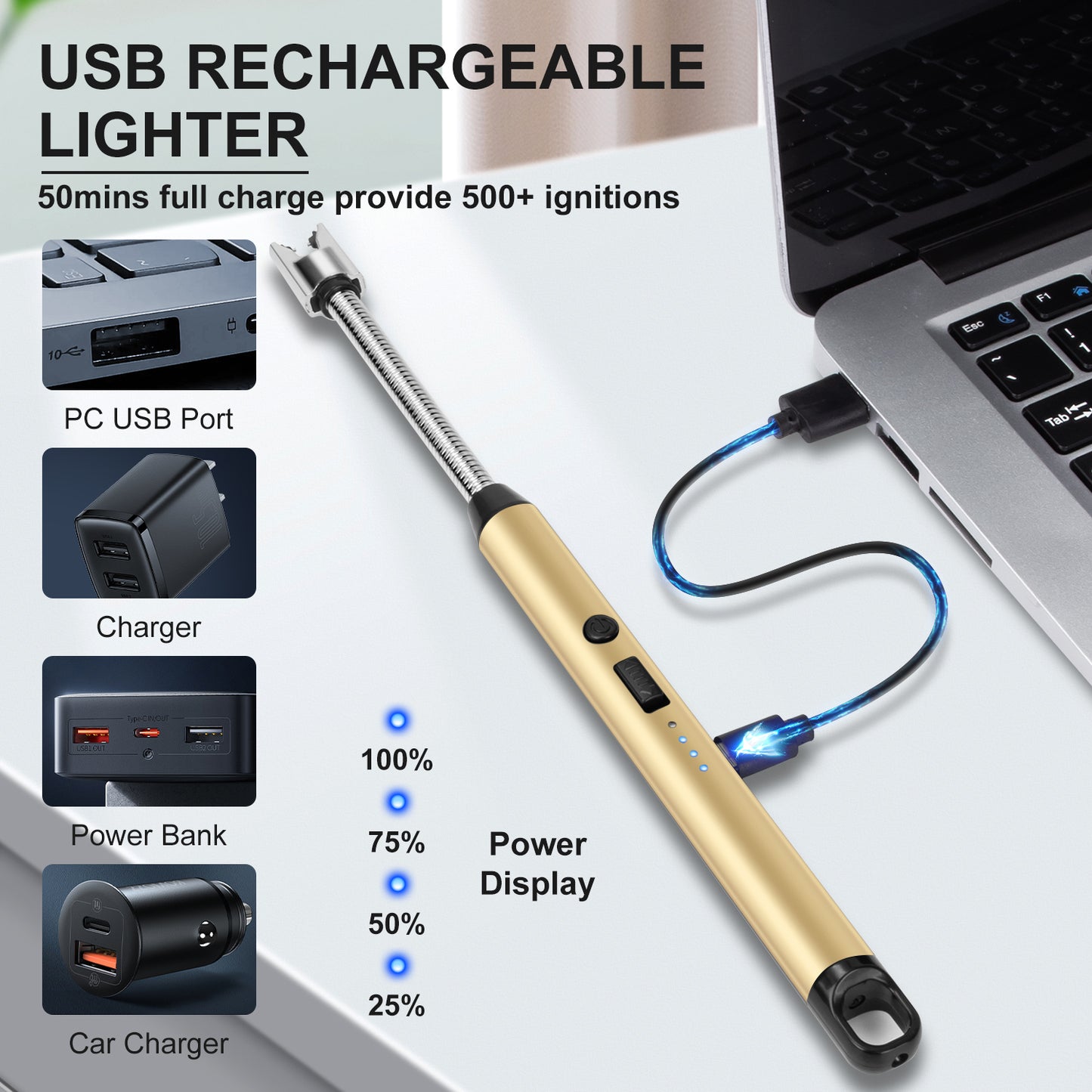 LcFun 2 Pack Candle Lighter Windproof USB C Rechargeable Electric Lighters with 360° Flexible Neck & Safety Lock, Windproof Flameless Lighters Long Stem Matches for Candle, Grill, BBQ, Gas Stoves