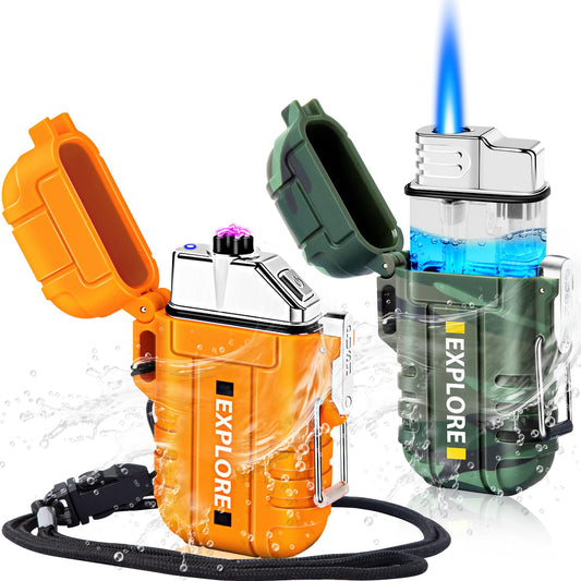 LcFun 2 Pack Waterproof Outdoor Lighter Windproof Torch Lighters Butane Refillable USB Rechargeable Electric Dual Arc Plasma Lighter Hiking Camping Essentials Hunting Gear Fathers Day Dad Gifts