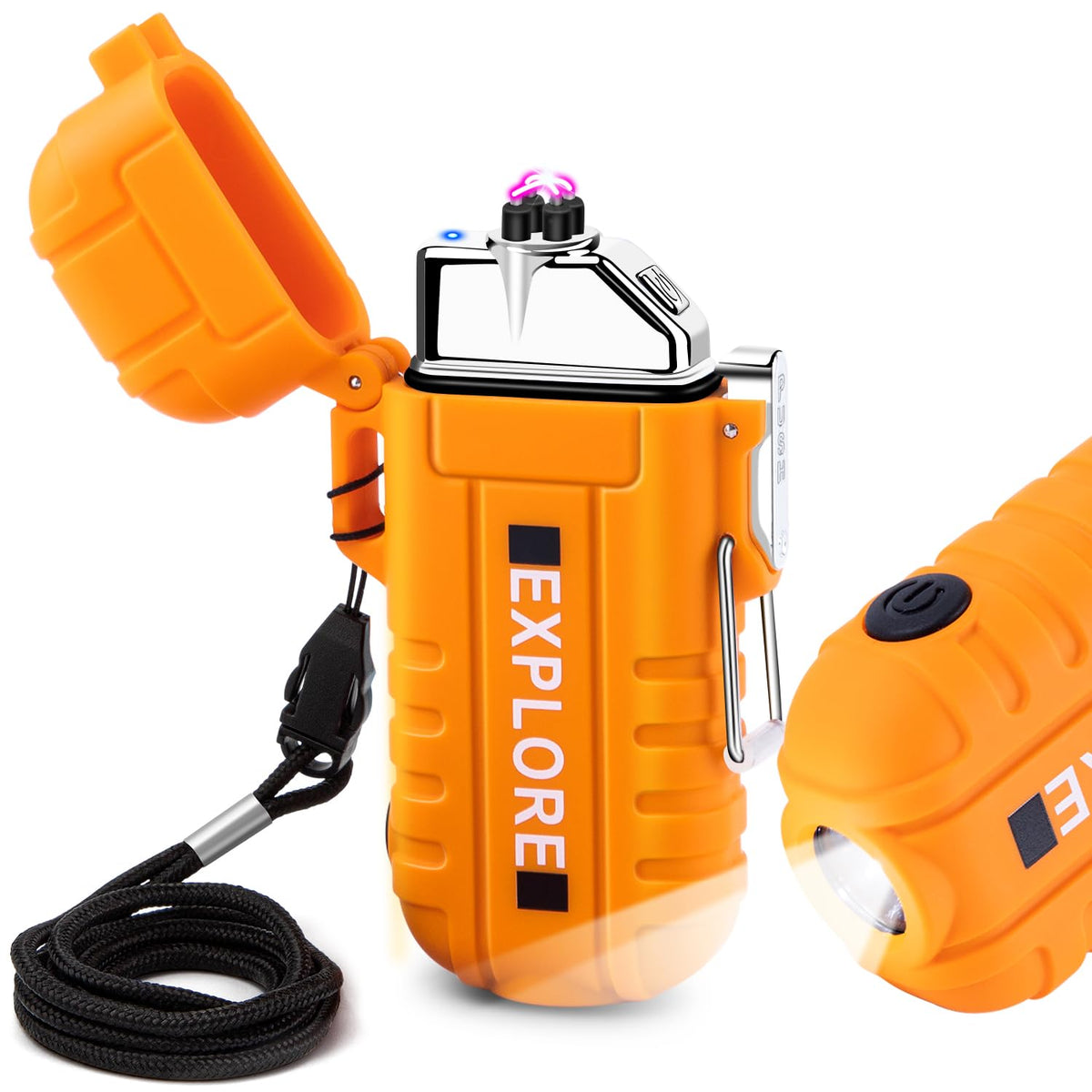 LcFun Electric Dual Arc Lighter USB Rechargeable Outdoor Windproof Flameless Plasma Lighters with Flashlight for Camping, Survival, Tactical (Orange)
