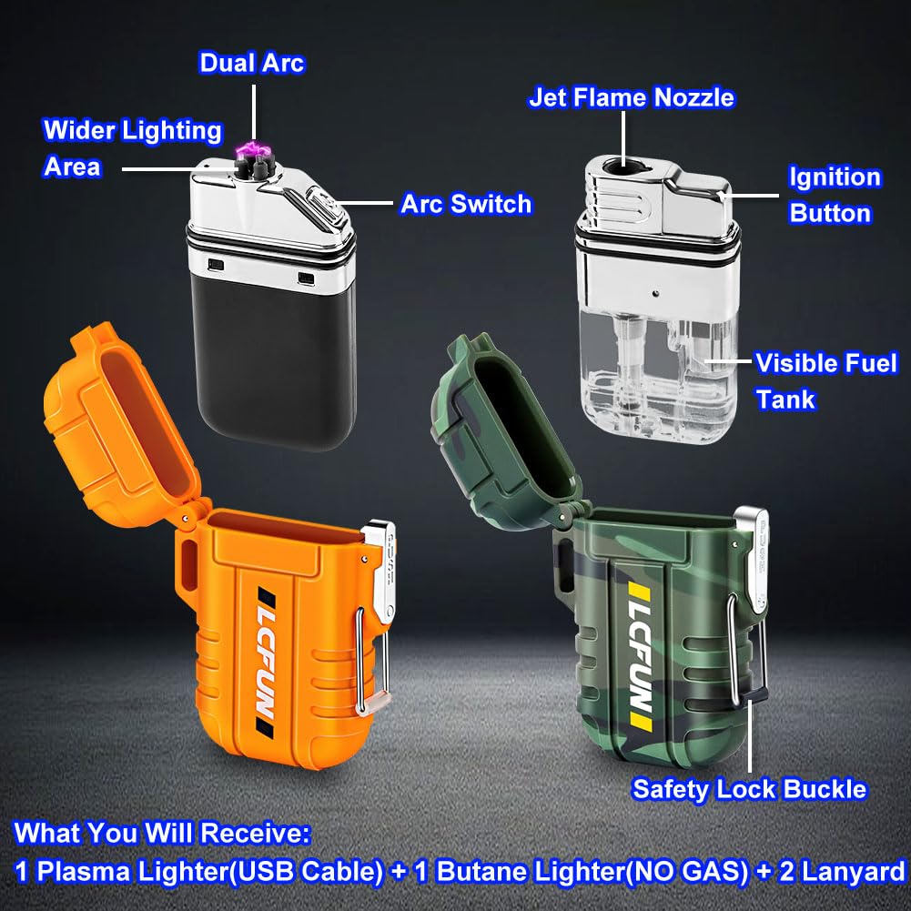 LcFun 2 Pack Waterproof Outdoor Lighter Windproof Torch Lighters Butane Refillable USB Rechargeable Electric Dual Arc Plasma Lighter Hiking Camping Essentials Hunting Gear Fathers Day Dad Gifts