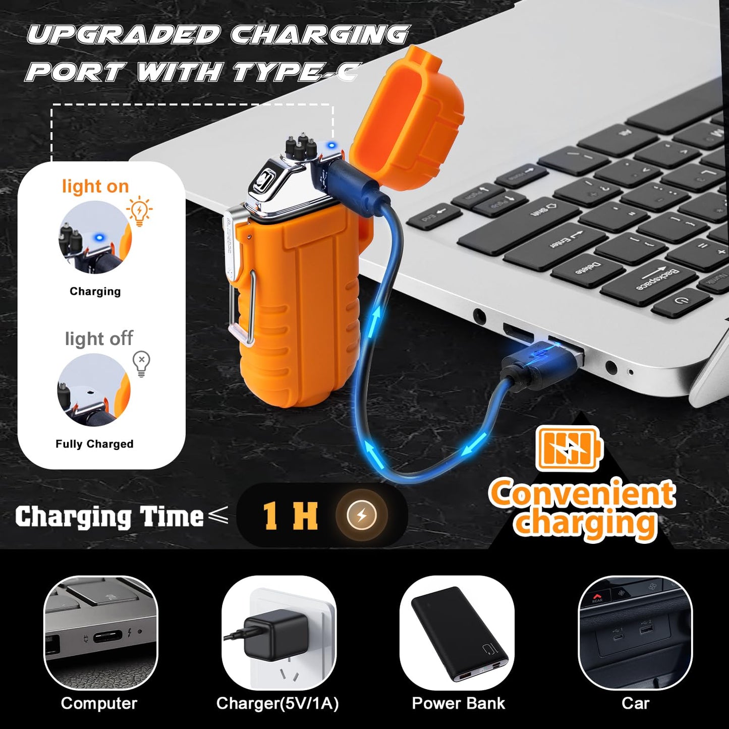 LcFun Electric Dual Arc Lighter USB Rechargeable Outdoor Windproof Flameless Plasma Lighters with Flashlight for Camping, Survival, Tactical (Orange)
