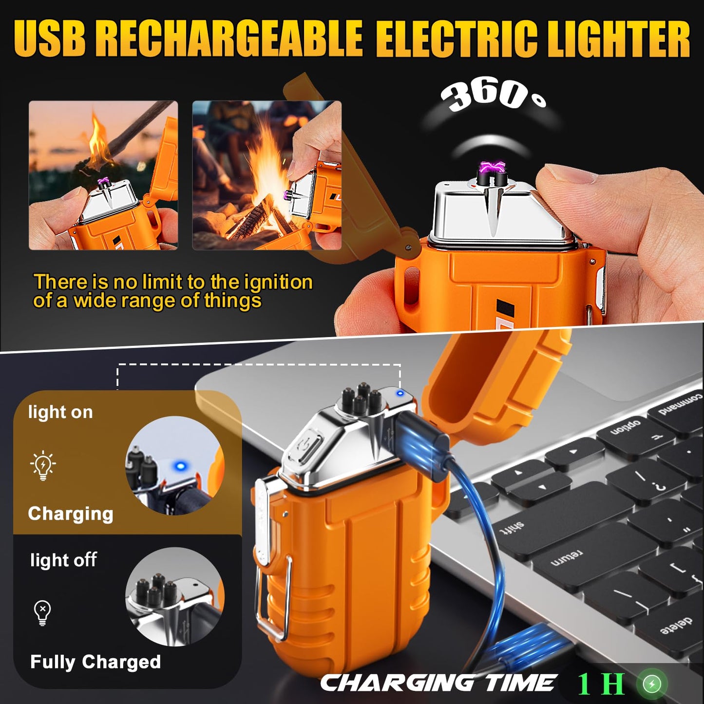 LcFun 2 Pack Waterproof Outdoor Lighter Windproof Torch Lighters Butane Refillable USB Rechargeable Electric Dual Arc Plasma Lighter Hiking Camping Essentials Hunting Gear Fathers Day Dad Gifts