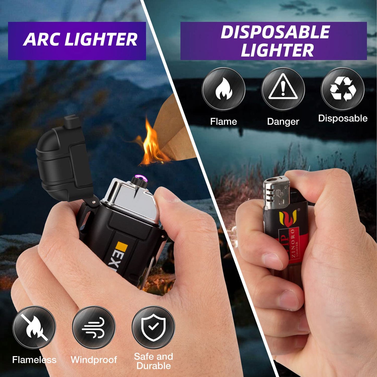 LcFun Electric Dual Arc Lighter USB Rechargeable Outdoor Windproof Flameless Plasma Lighters with Flashlight for Camping, Survival, Tactical (Orange)