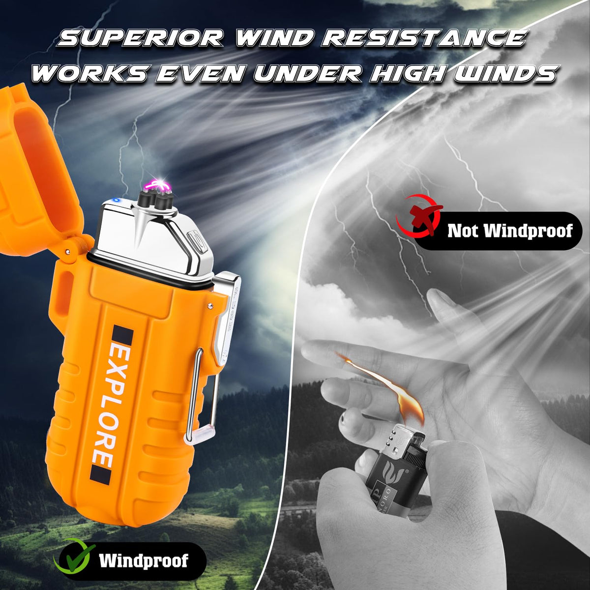 LcFun Electric Dual Arc Lighter USB Rechargeable Outdoor Windproof Flameless Plasma Lighters with Flashlight for Camping, Survival, Tactical (Orange)