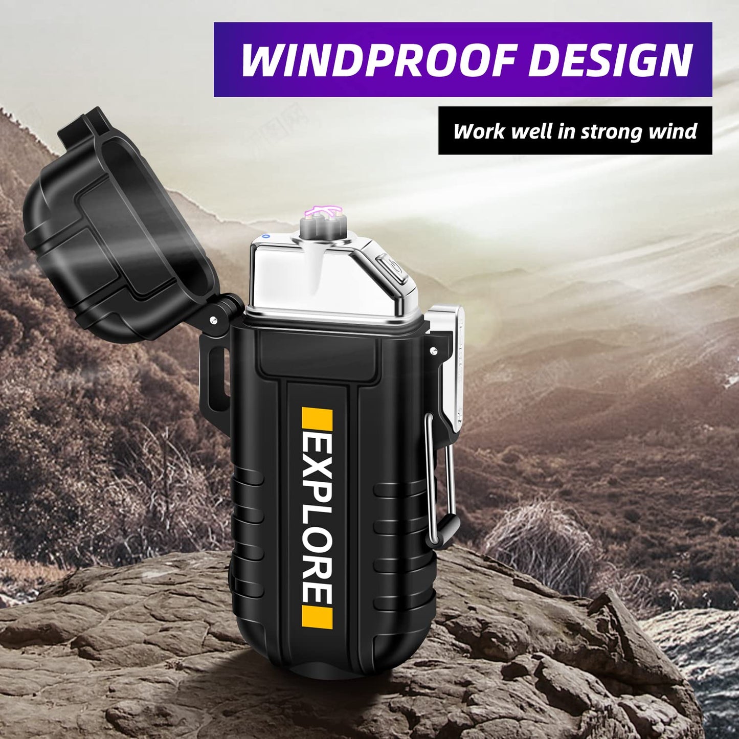 LcFun Electric Dual Arc Lighter USB Rechargeable Outdoor Windproof Flameless Plasma Lighters with Flashlight for Camping, Survival, Tactical (Orange)