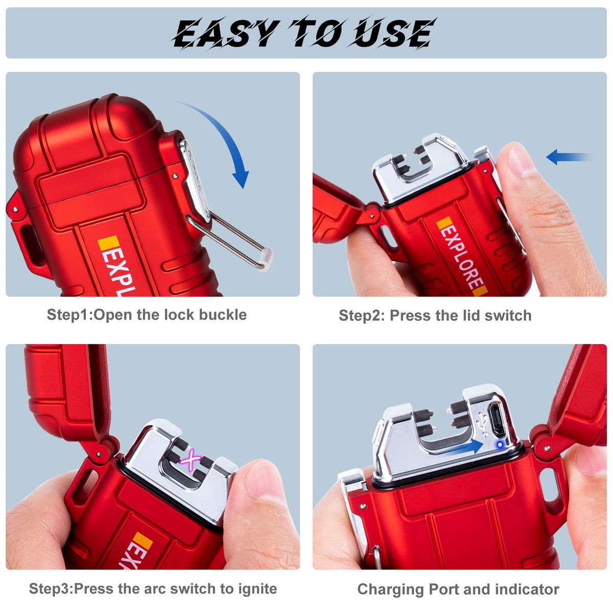 LcFun Arc Lighter Waterproof Windproof Rechargeable USB Plasma Flameless Electric Lighters with Lanyard Sports Fan Lighters for Survival, Tactical, EDC Gear, Camping (Red)