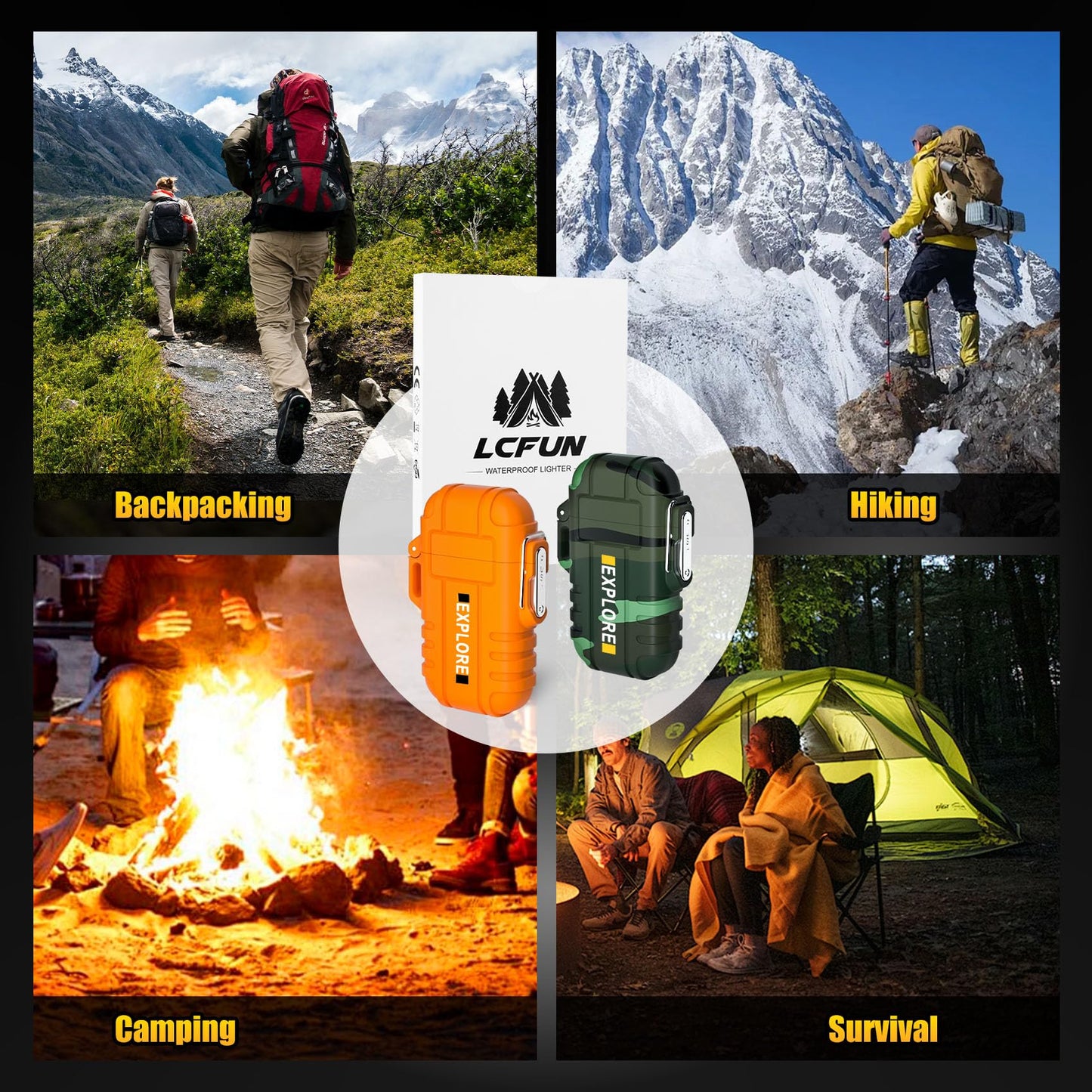 LcFun 2 Pack Waterproof Outdoor Lighter Windproof Torch Lighters Butane Refillable USB Rechargeable Electric Dual Arc Plasma Lighter Hiking Camping Essentials Hunting Gear Fathers Day Dad Gifts