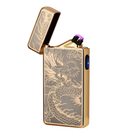 Lighter,Electric Arc Plasma Lighter USB Rechargeable Dual Arc Laser Lighter Electronic Windproof Cool Lighter for Indoor&Outdoor,Fire,Candles,Camping(Gold Dragon）