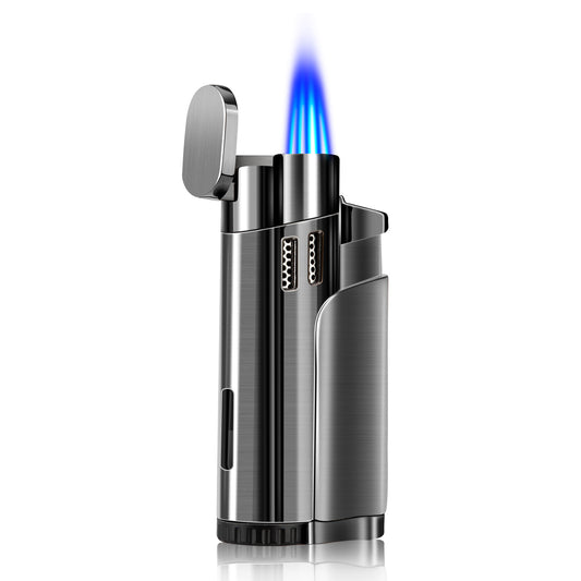 Torch Lighter Refillable Fuel Butane Torch Cigar Lighters 4 Jet Lighter with Cigar Punch Quad Flame Lighter Gas Torch Butane Lighters-Butane NOT Included (Black)