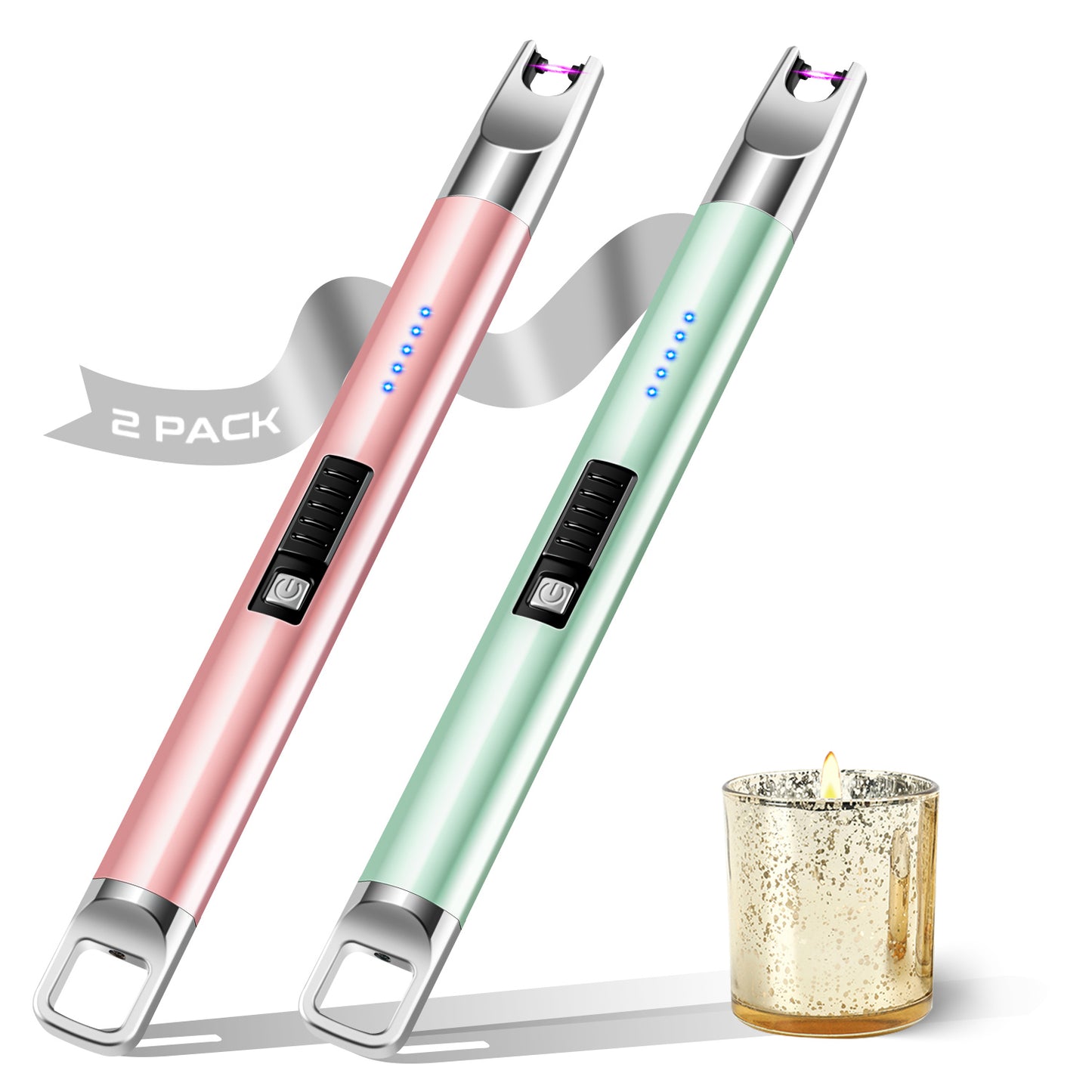 LcFun Candle Lighter 2 Pack USB Rechargeable Lighter Flameless Arc Lighter with Safety Lock Electric Lighter with LED Battery Display Long Lighters for Candle (Green & Rose Gold)